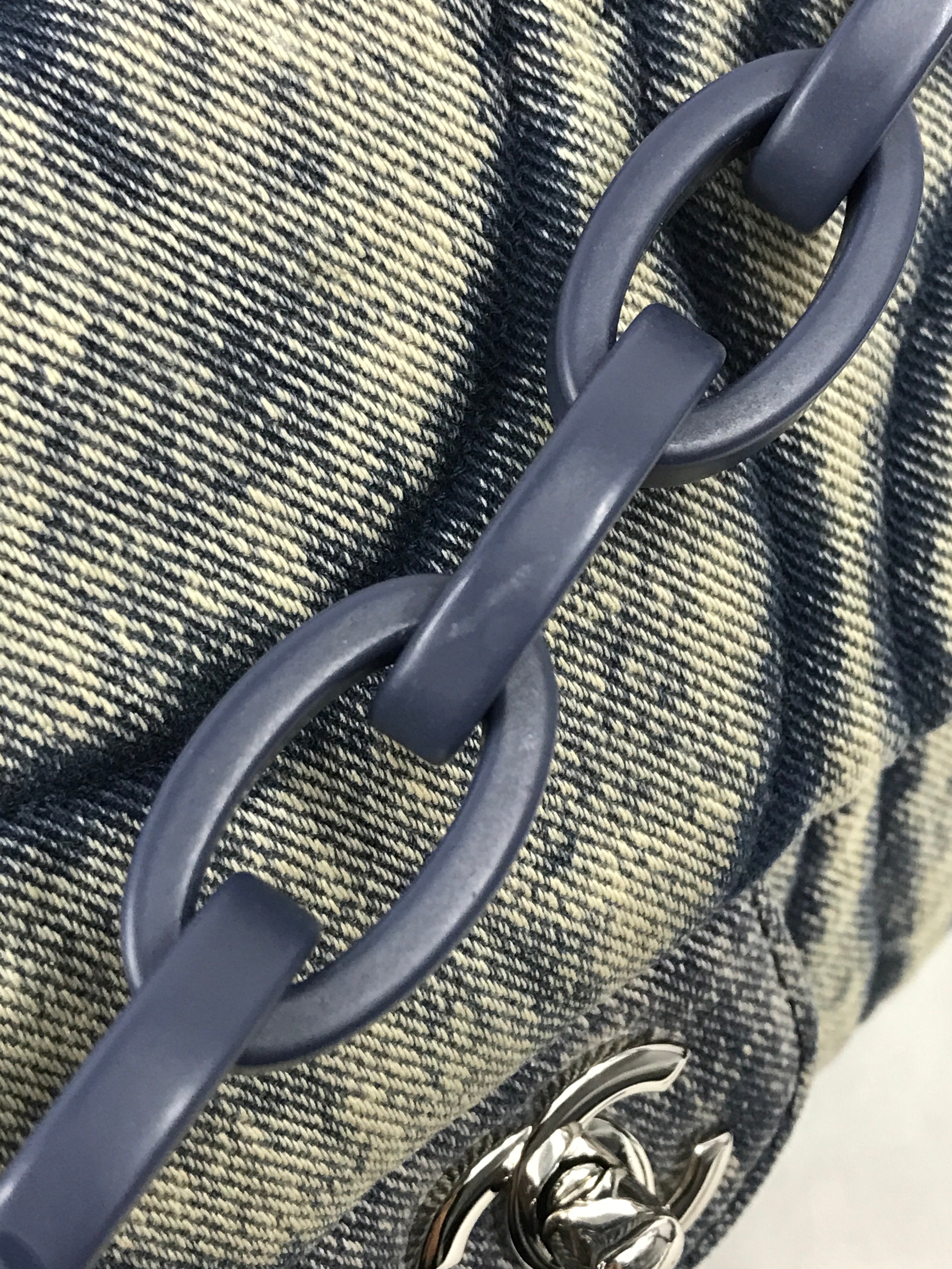 CC Blue Denim Wave Flap Bag w/SHW/ Blue enamel short strap