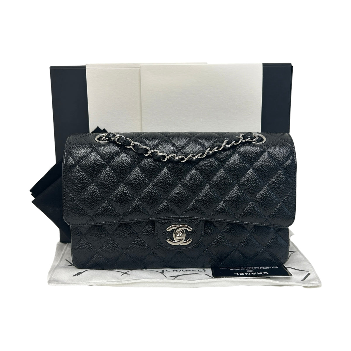 Black Quilted Caviar Leather Classic Medium Double Flap Bag w/SHW