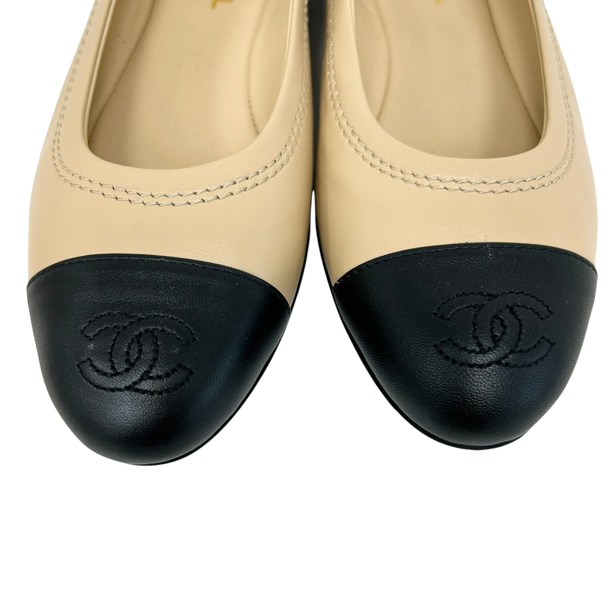 Beige/Black Lambskin Leather CC Ballet Uniform Flats