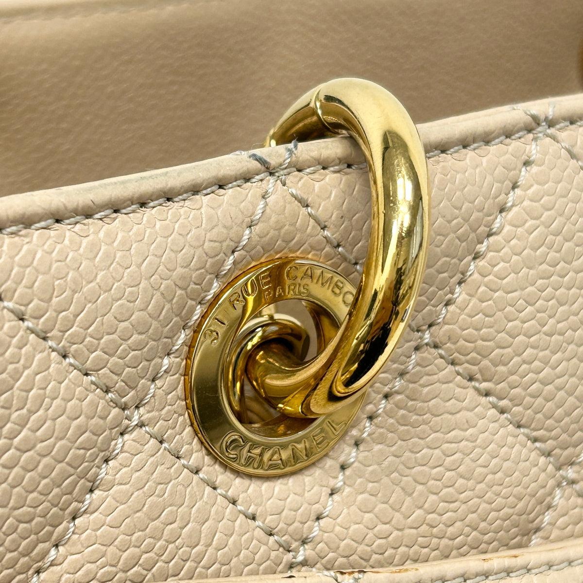 Beige Quilted Caviar Leather Grand Shopping Tote Bag w/GHW
