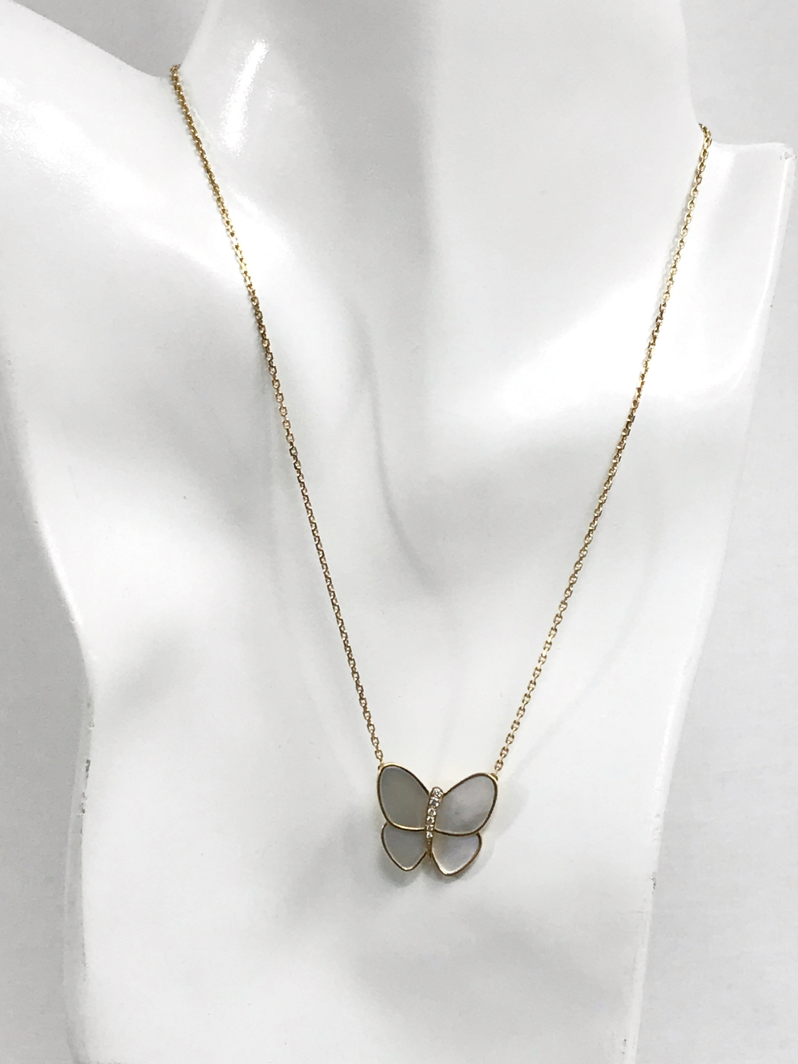 Mother of Pearl & Diamond 18K Gold Fly & Flutter Butterfly Pendant Necklace