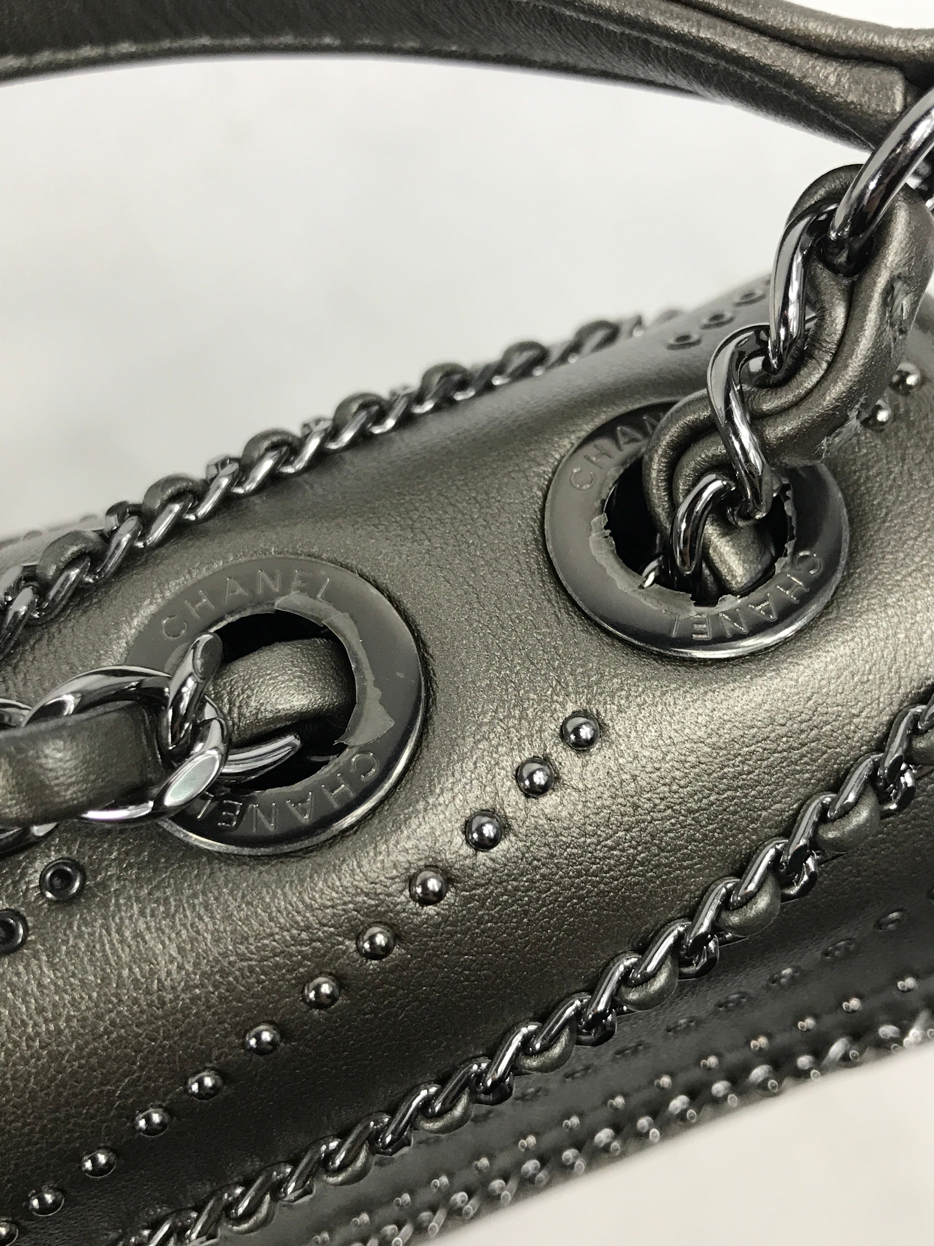 Metallic Grey Calfskin Leather Embellished Chain/Studded Chevron Flap Bag w/SHW