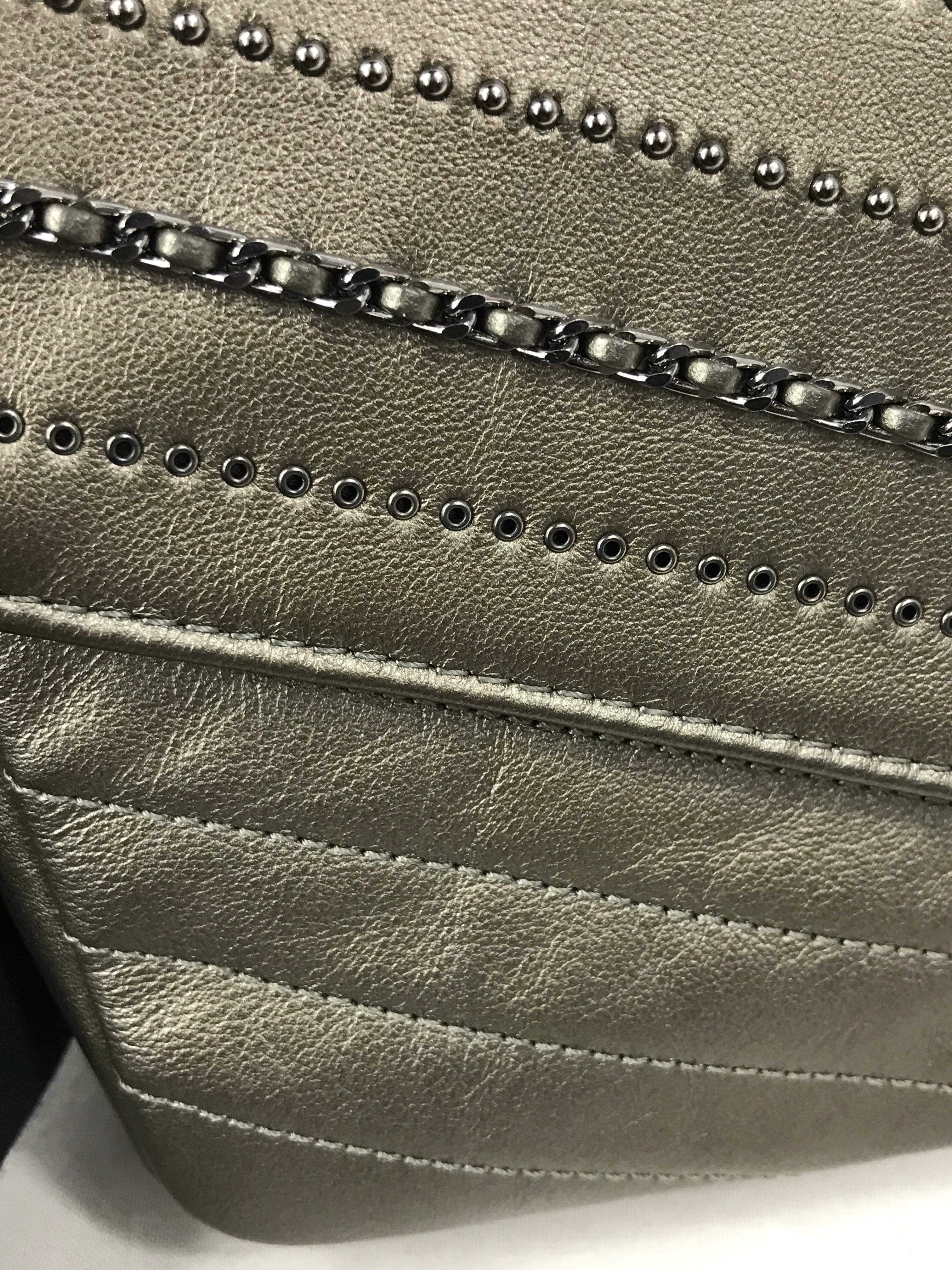 Metallic Grey Calfskin Leather Embellished Chain/Studded Chevron Flap Bag w/SHW