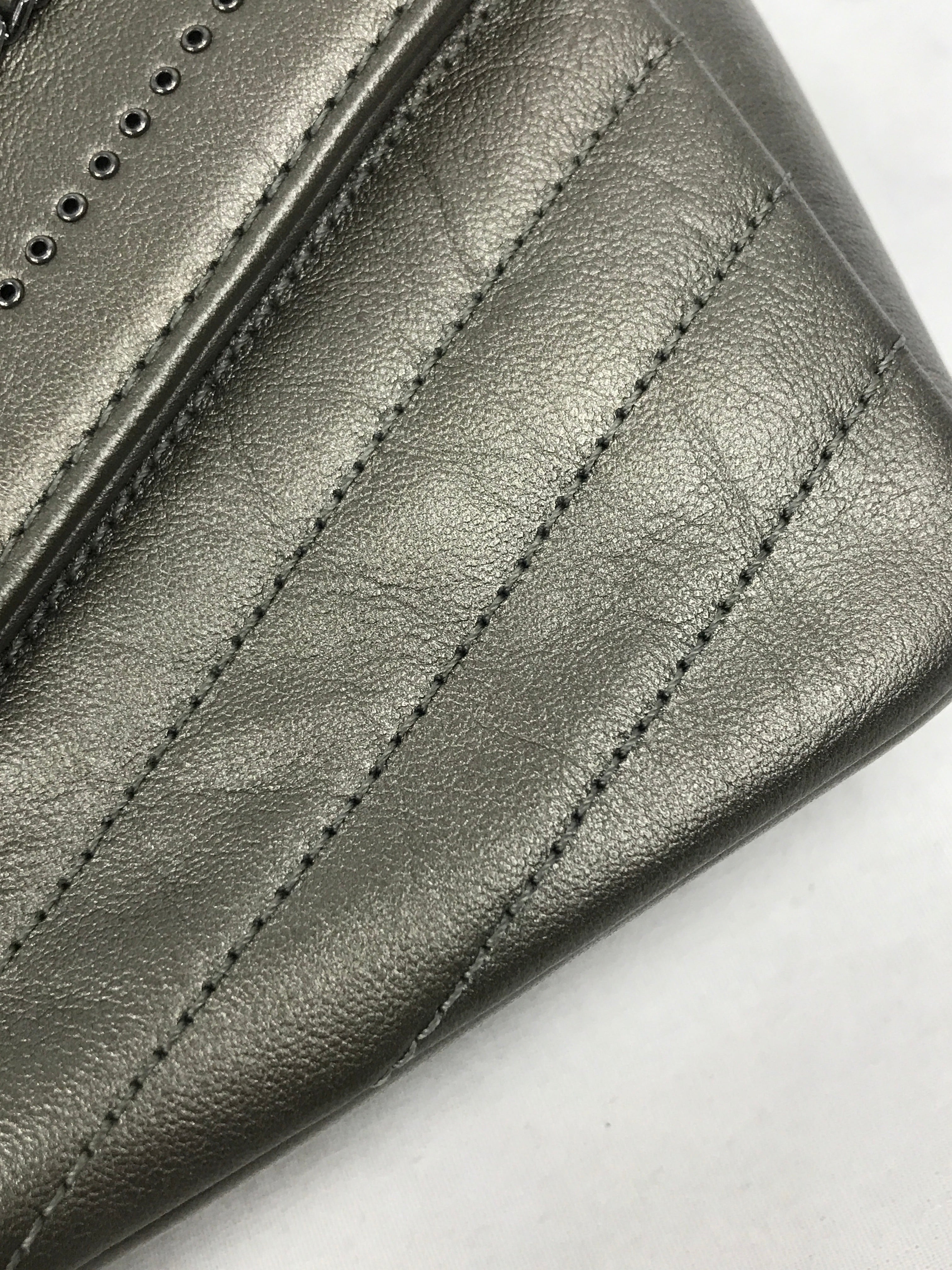 Metallic Grey Calfskin Leather Embellished Chain/Studded Chevron Flap Bag w/SHW