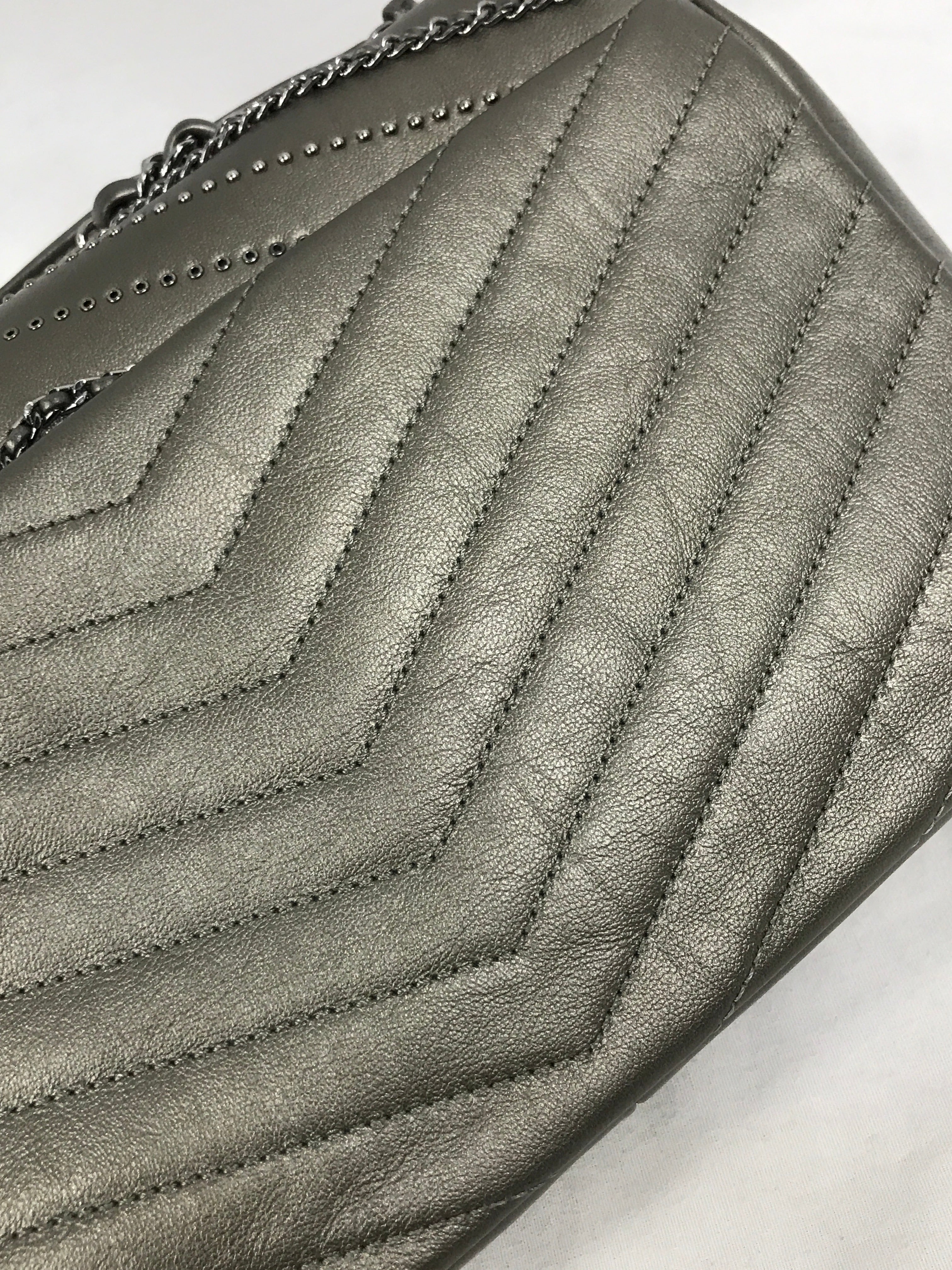 Metallic Grey Calfskin Leather Embellished Chain/Studded Chevron Flap Bag w/SHW