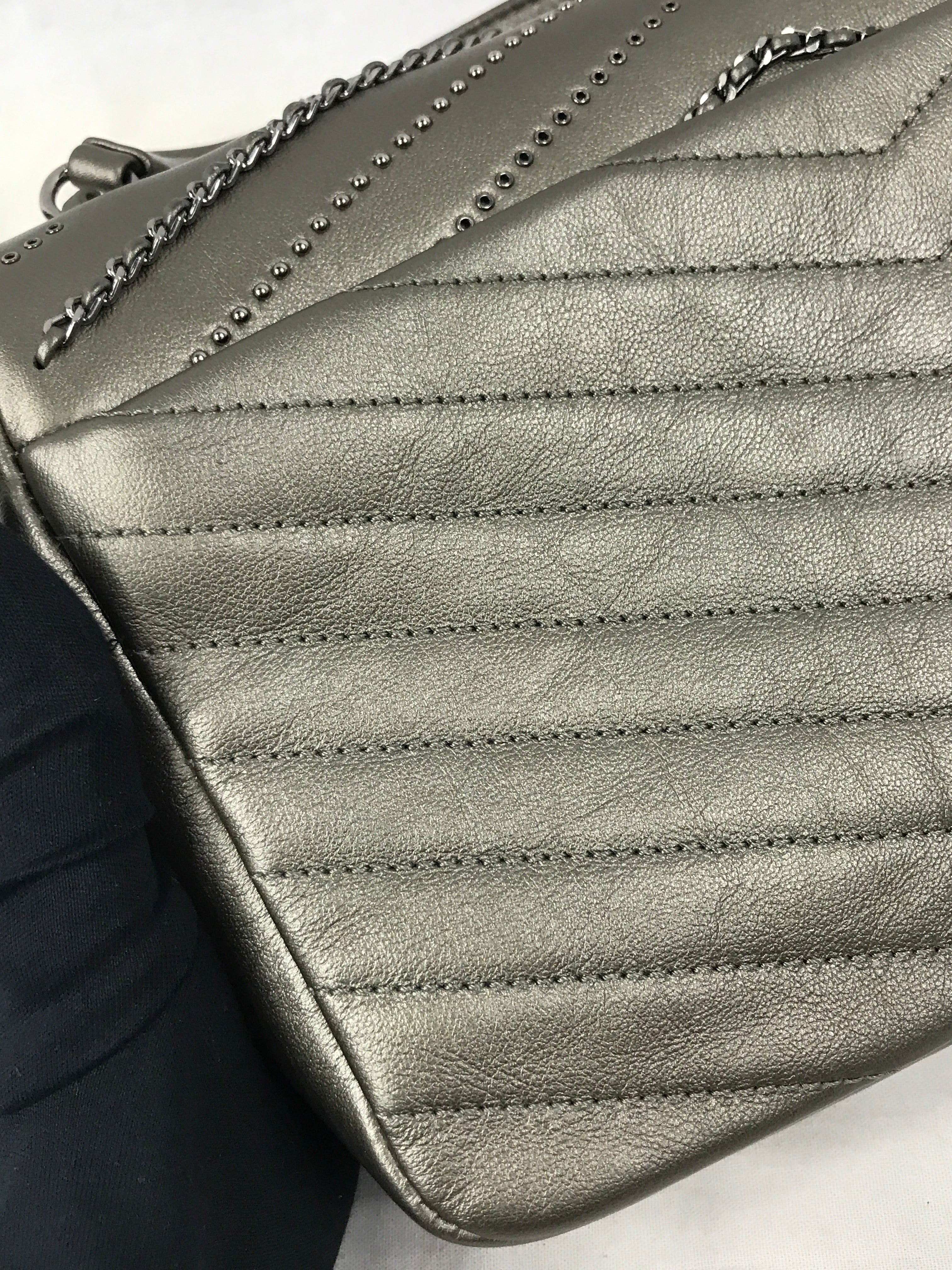 Metallic Grey Calfskin Leather Embellished Chain/Studded Chevron Flap Bag w/SHW