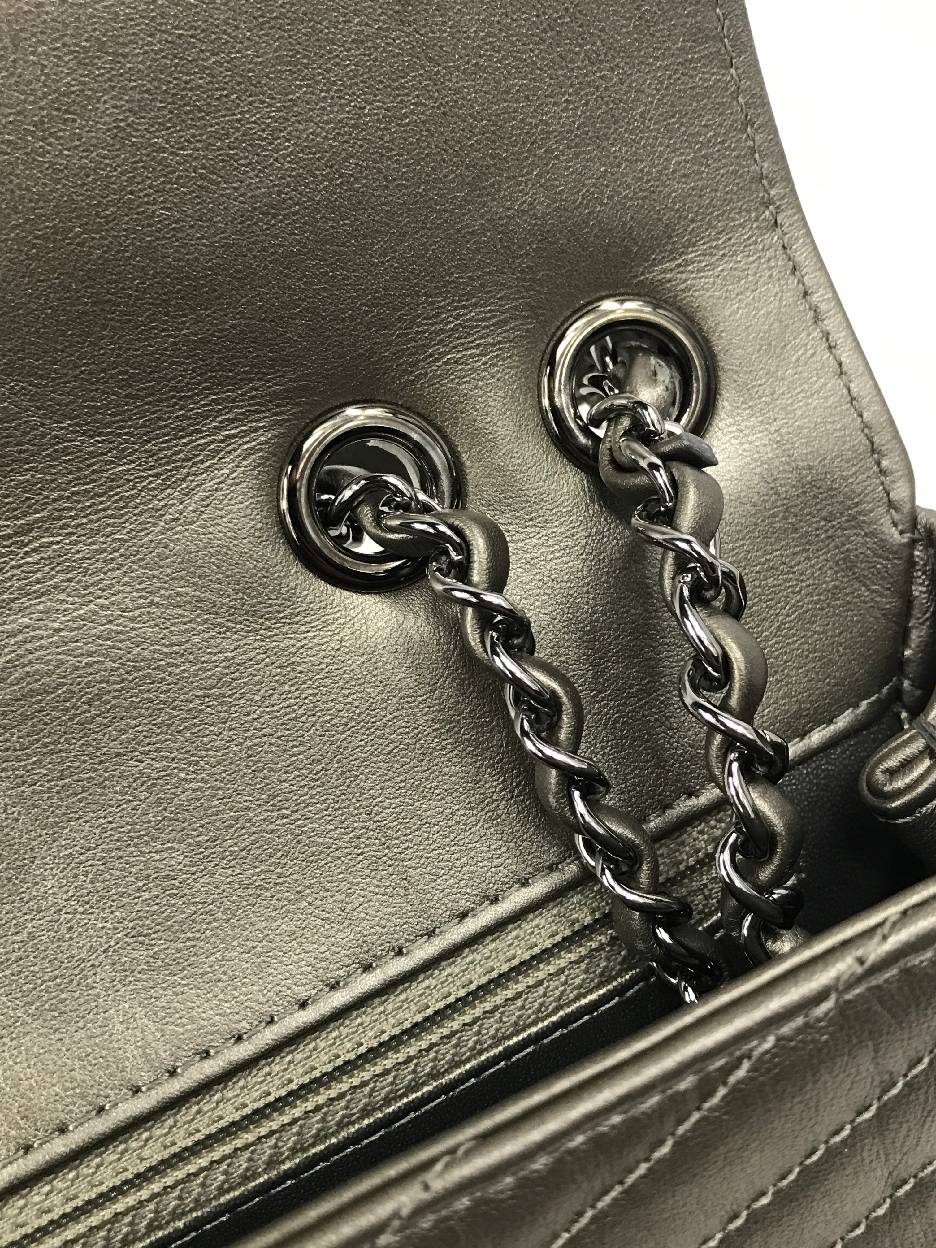 Metallic Grey Calfskin Leather Embellished Chain/Studded Chevron Flap Bag w/SHW