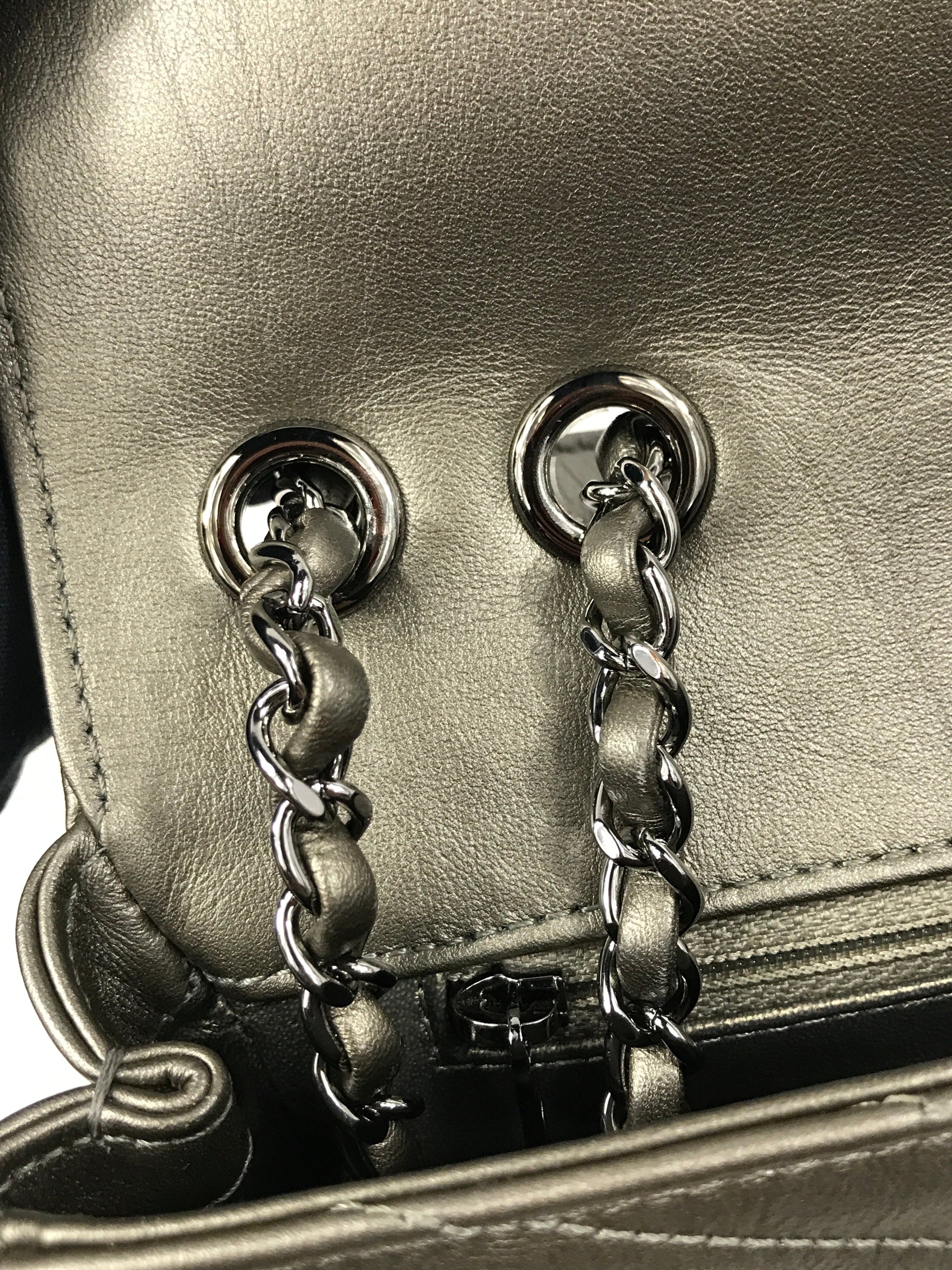 Metallic Grey Calfskin Leather Embellished Chain/Studded Chevron Flap Bag w/SHW