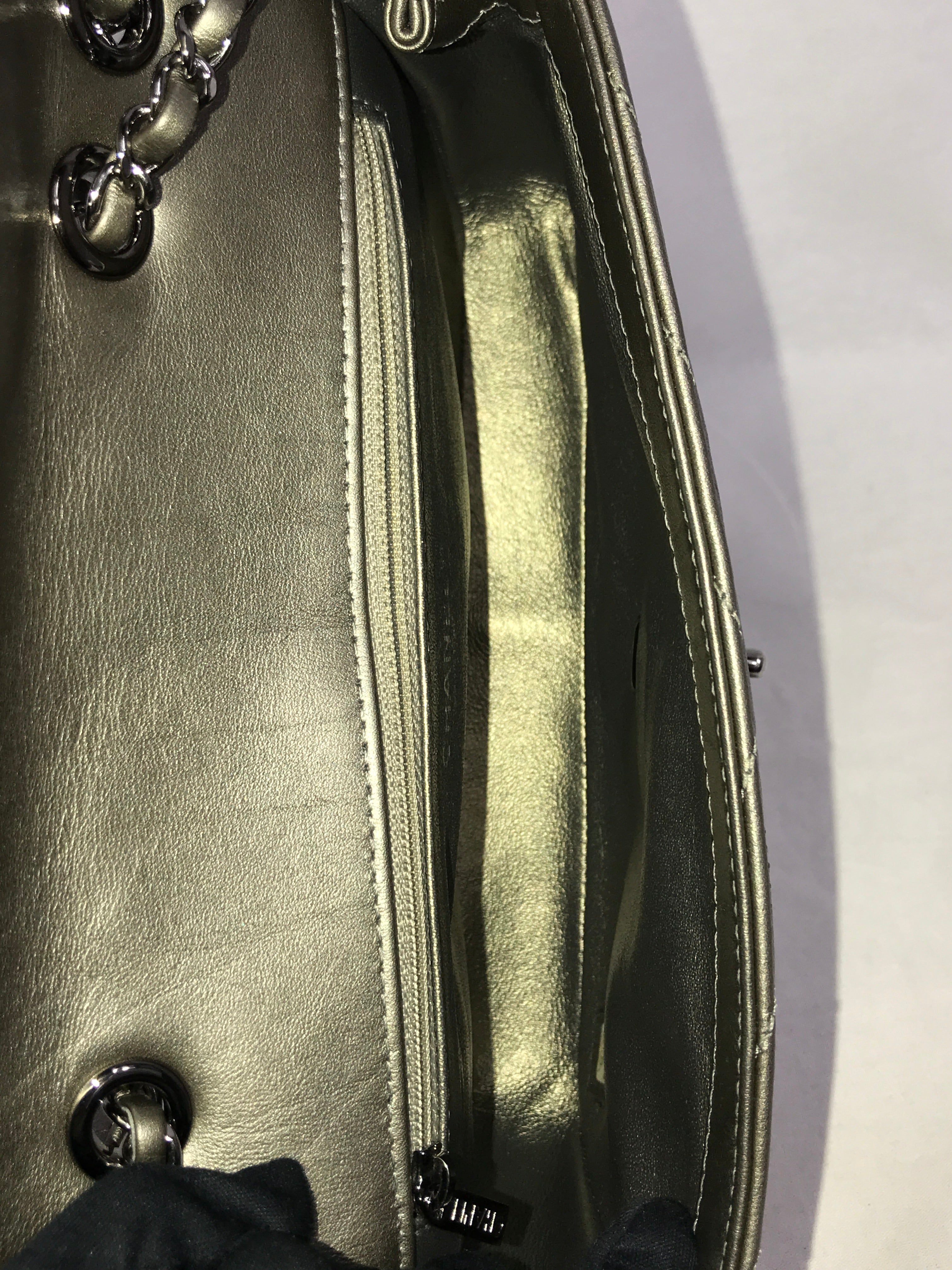 Metallic Grey Calfskin Leather Embellished Chain/Studded Chevron Flap Bag w/SHW
