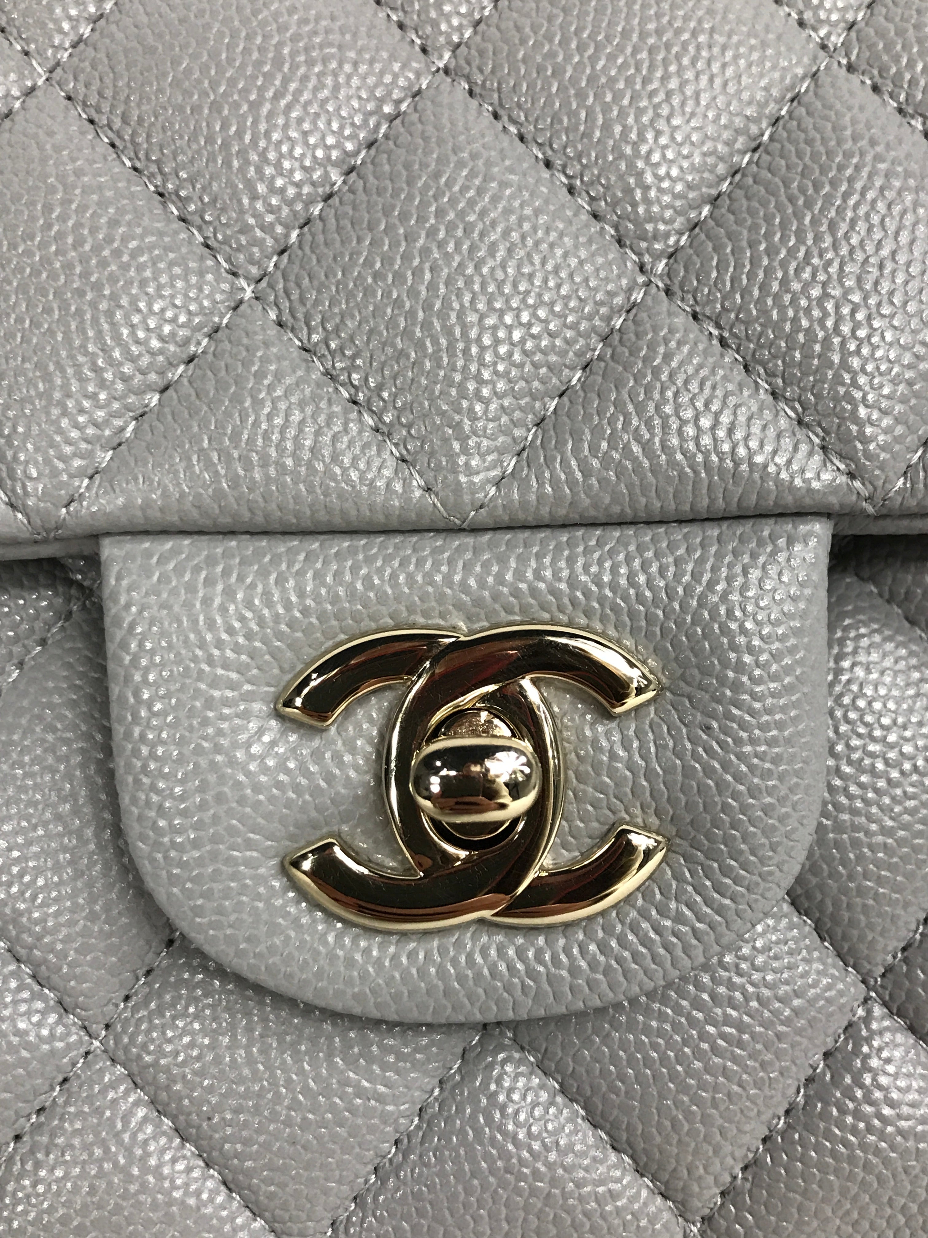 Dove Grey Quilted Caviar Leather Double Flap Medium w/GHW