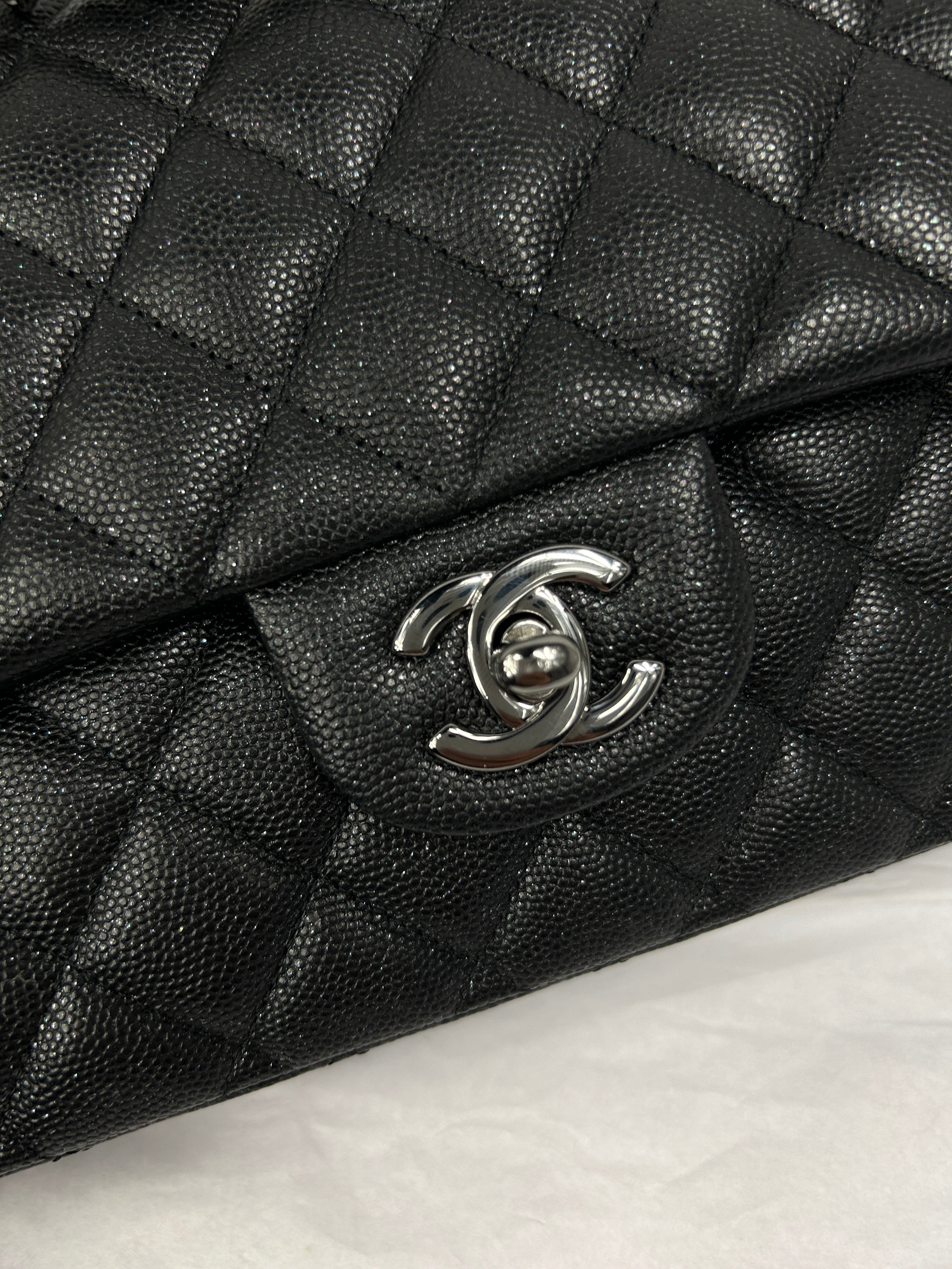 Black Caviar Glitter Quilted Leather Double Classic Flap w/RHW