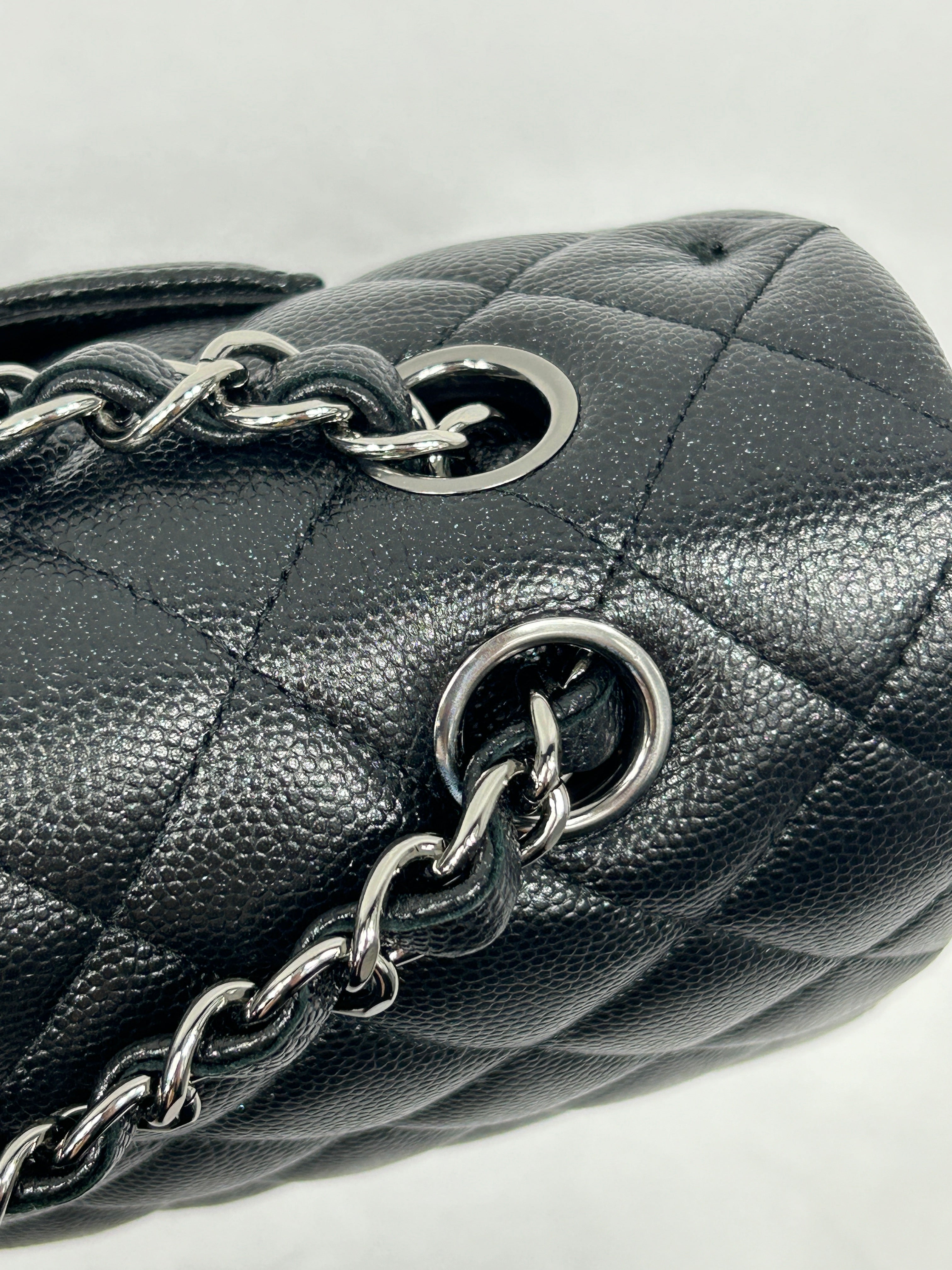 Black Caviar Glitter Quilted Leather Double Classic Flap w/RHW