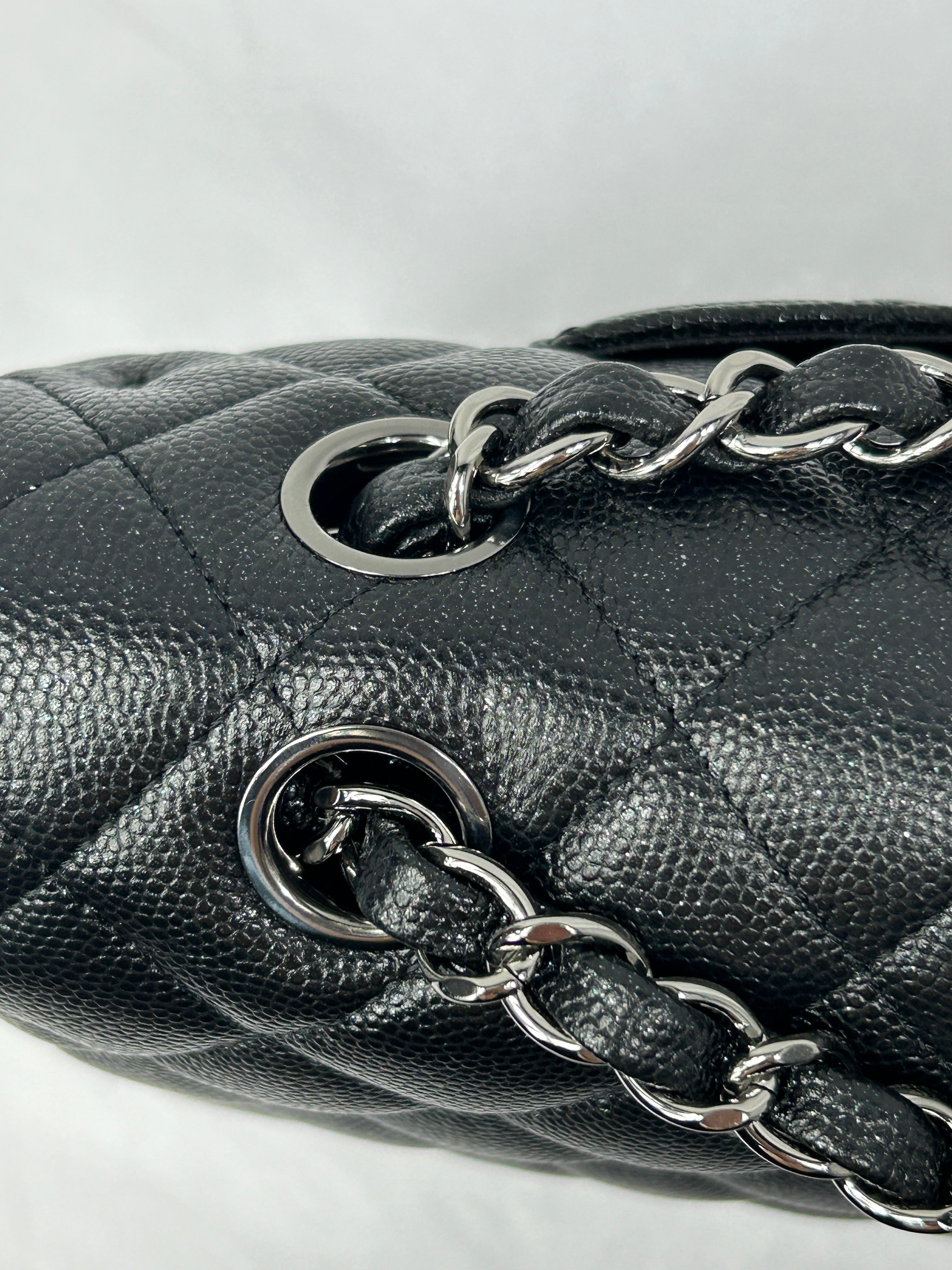 Black Caviar Glitter Quilted Leather Double Classic Flap w/RHW
