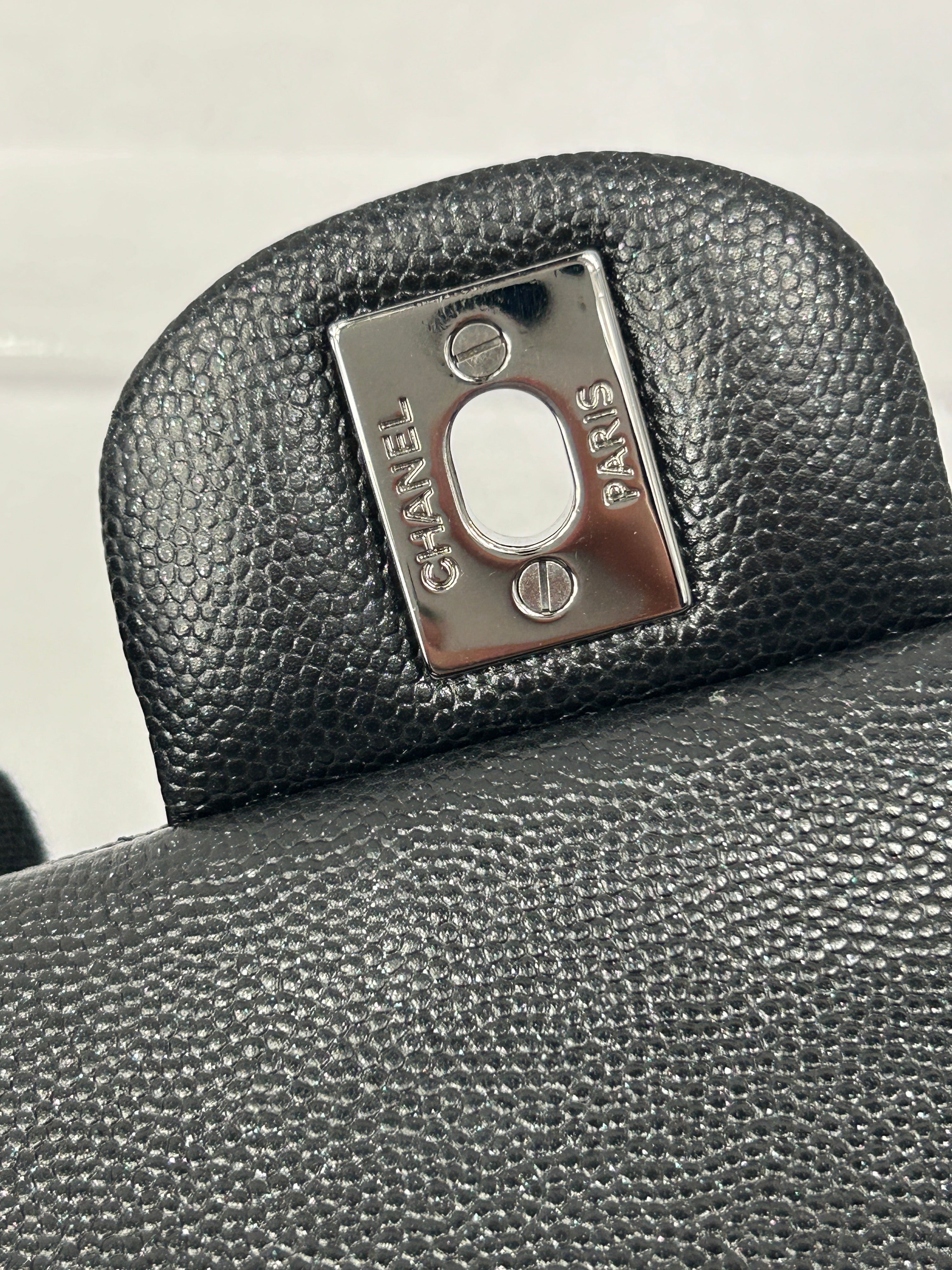 Black Caviar Glitter Quilted Leather Double Classic Flap w/RHW