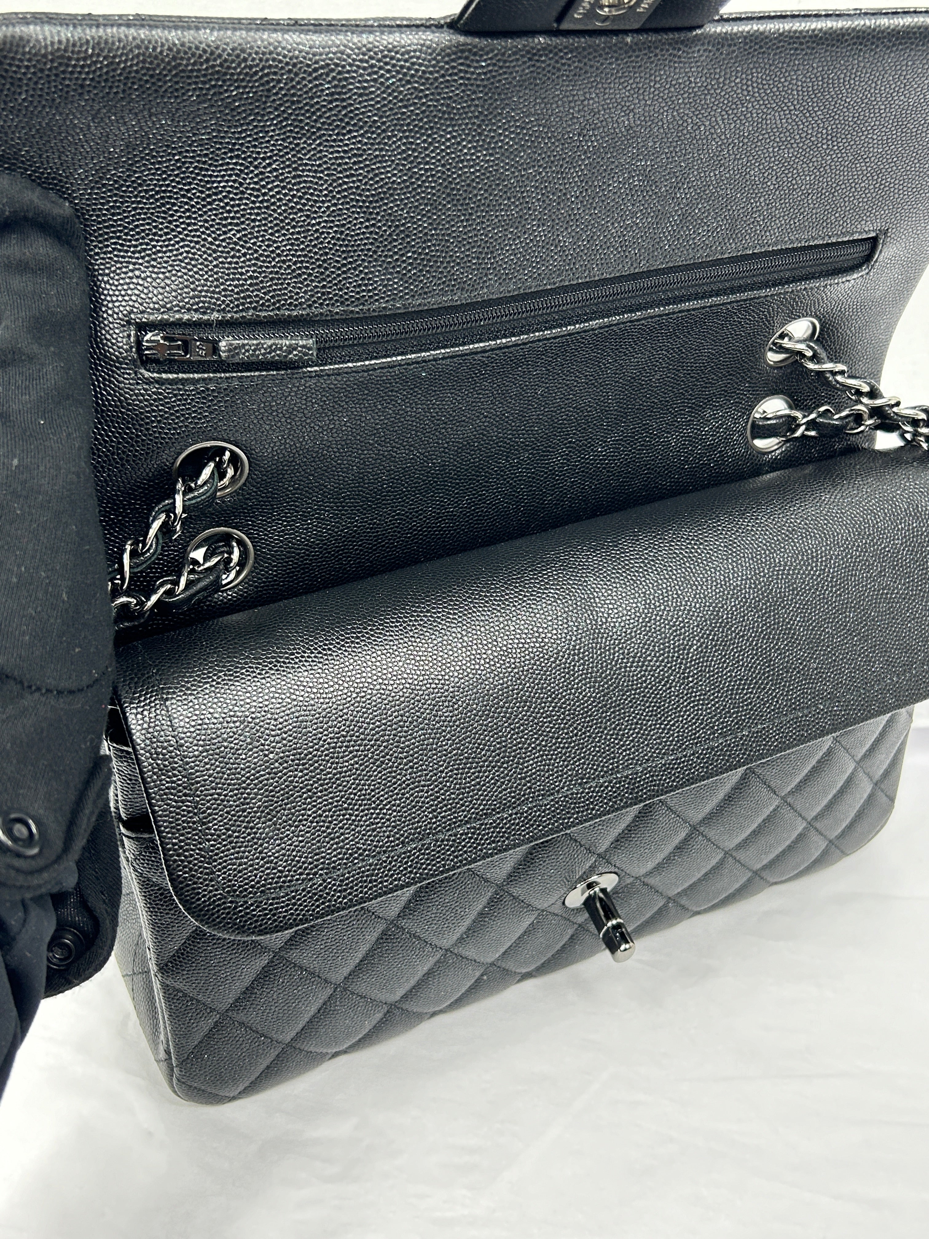 Black Caviar Glitter Quilted Leather Double Classic Flap w/RHW