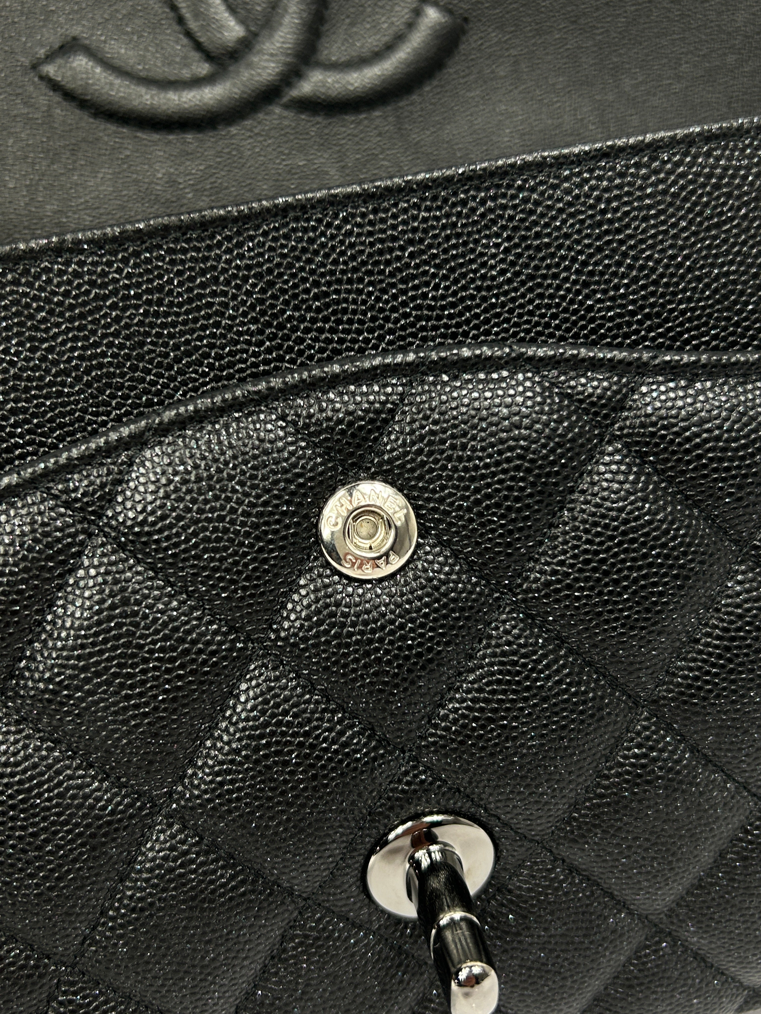 Black Caviar Glitter Quilted Leather Double Classic Flap w/RHW