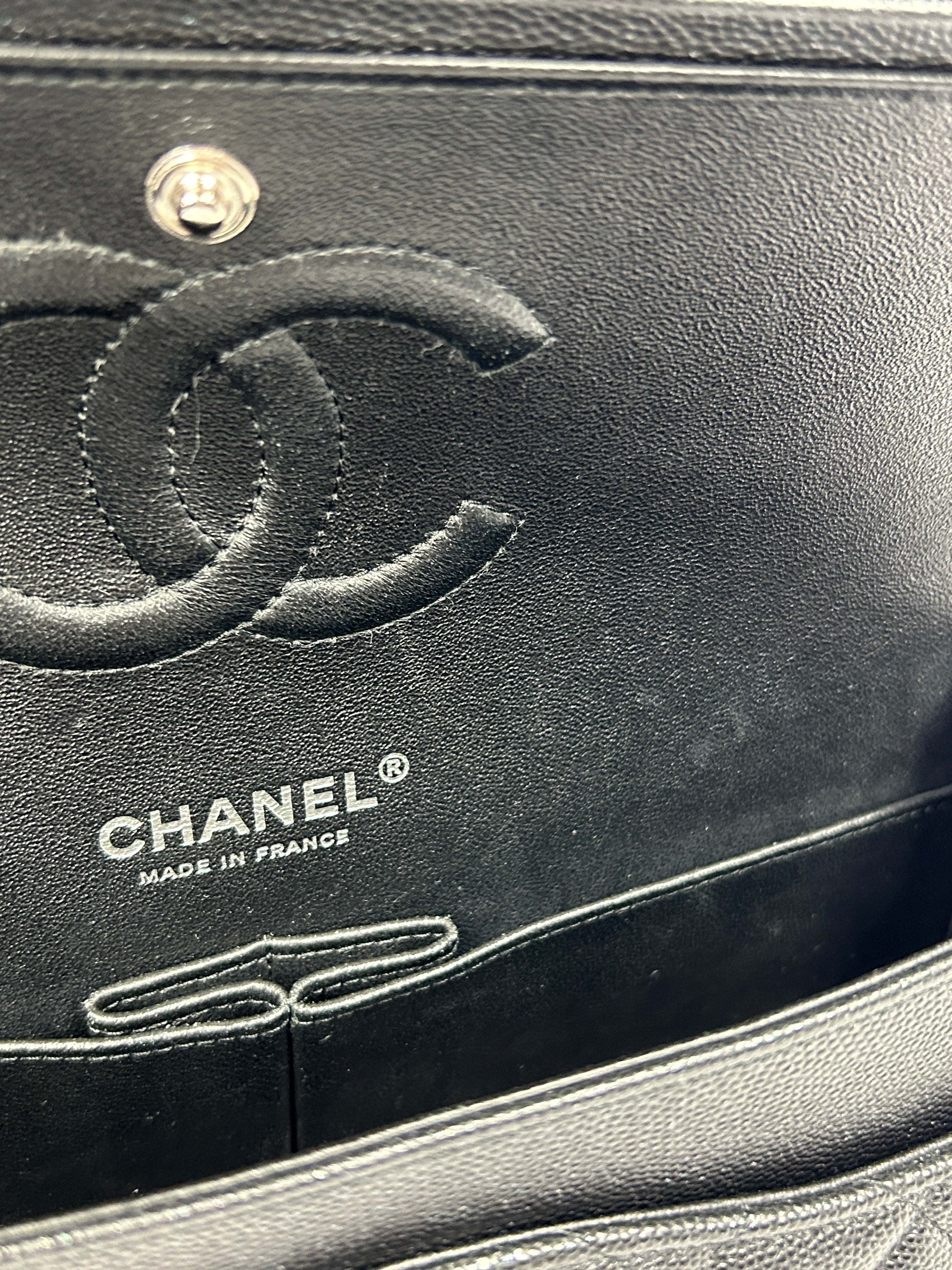 Black Caviar Glitter Quilted Leather Double Classic Flap w/RHW