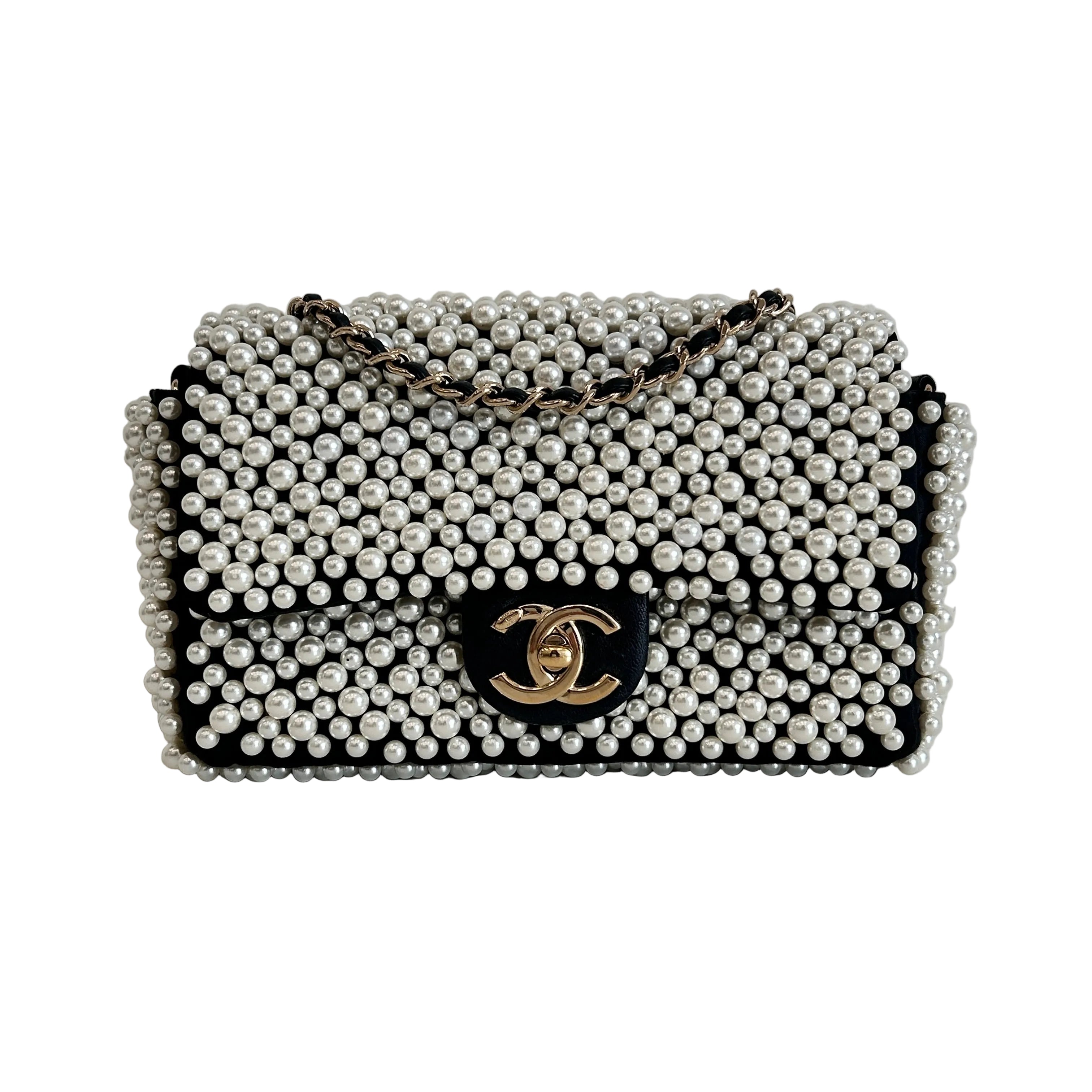 Black Satin Pearl Mini Flap Bag w/LGHW