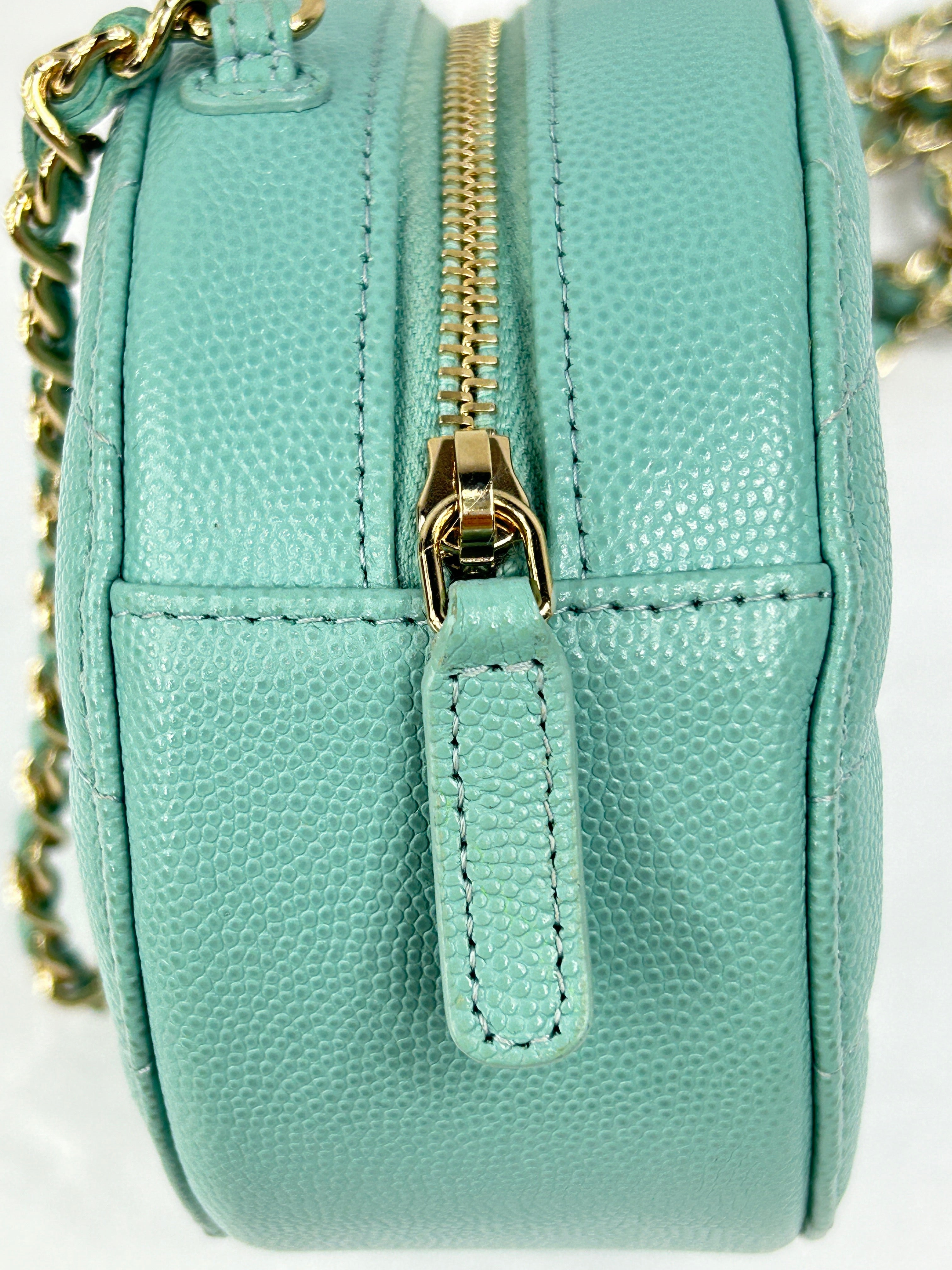 Teal Blue Caviar Round Mini Crossbody Bag w/LGHW