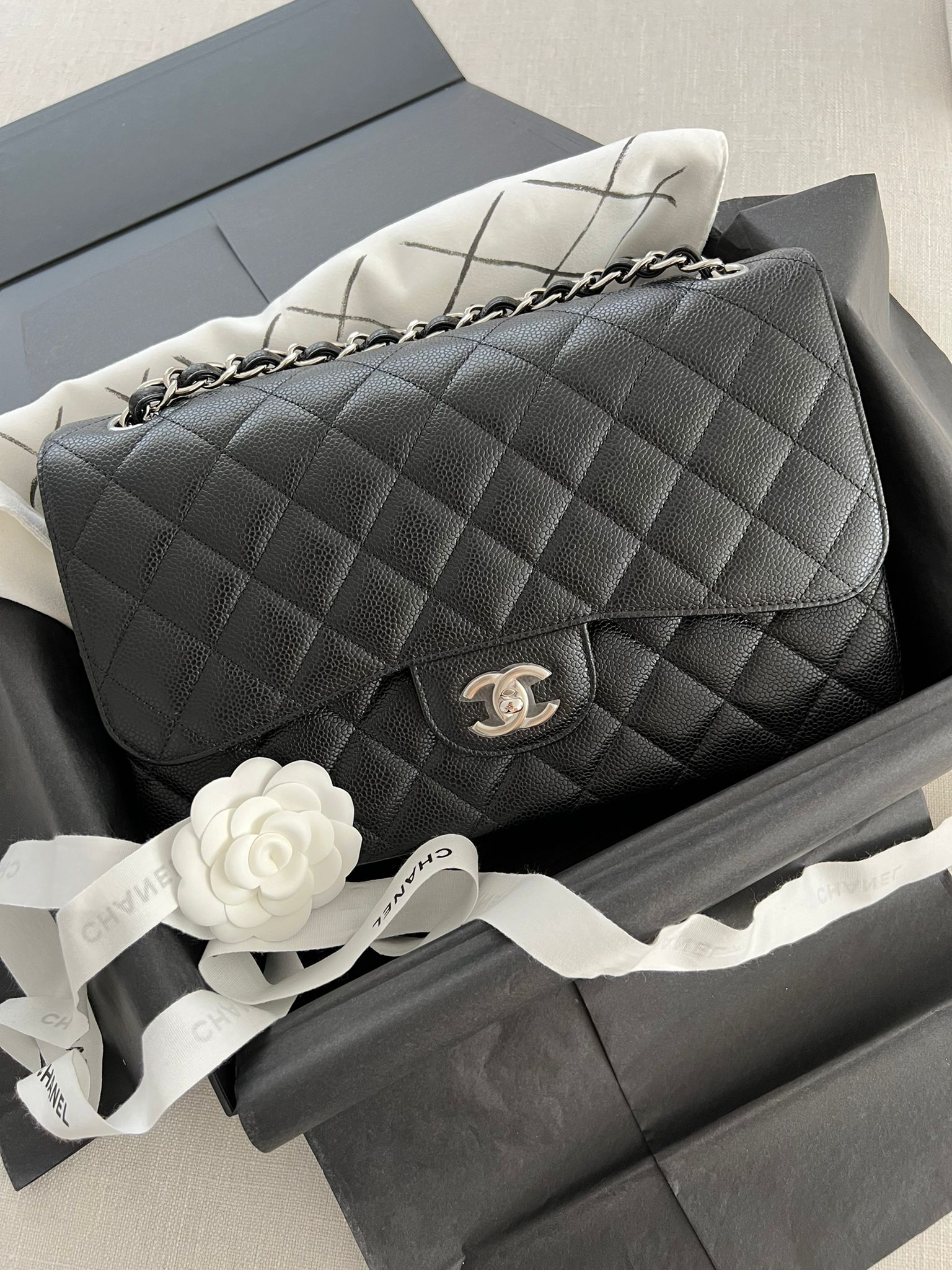 Black Caviar Quilted Jumbo Double Flap Bag W/SHW