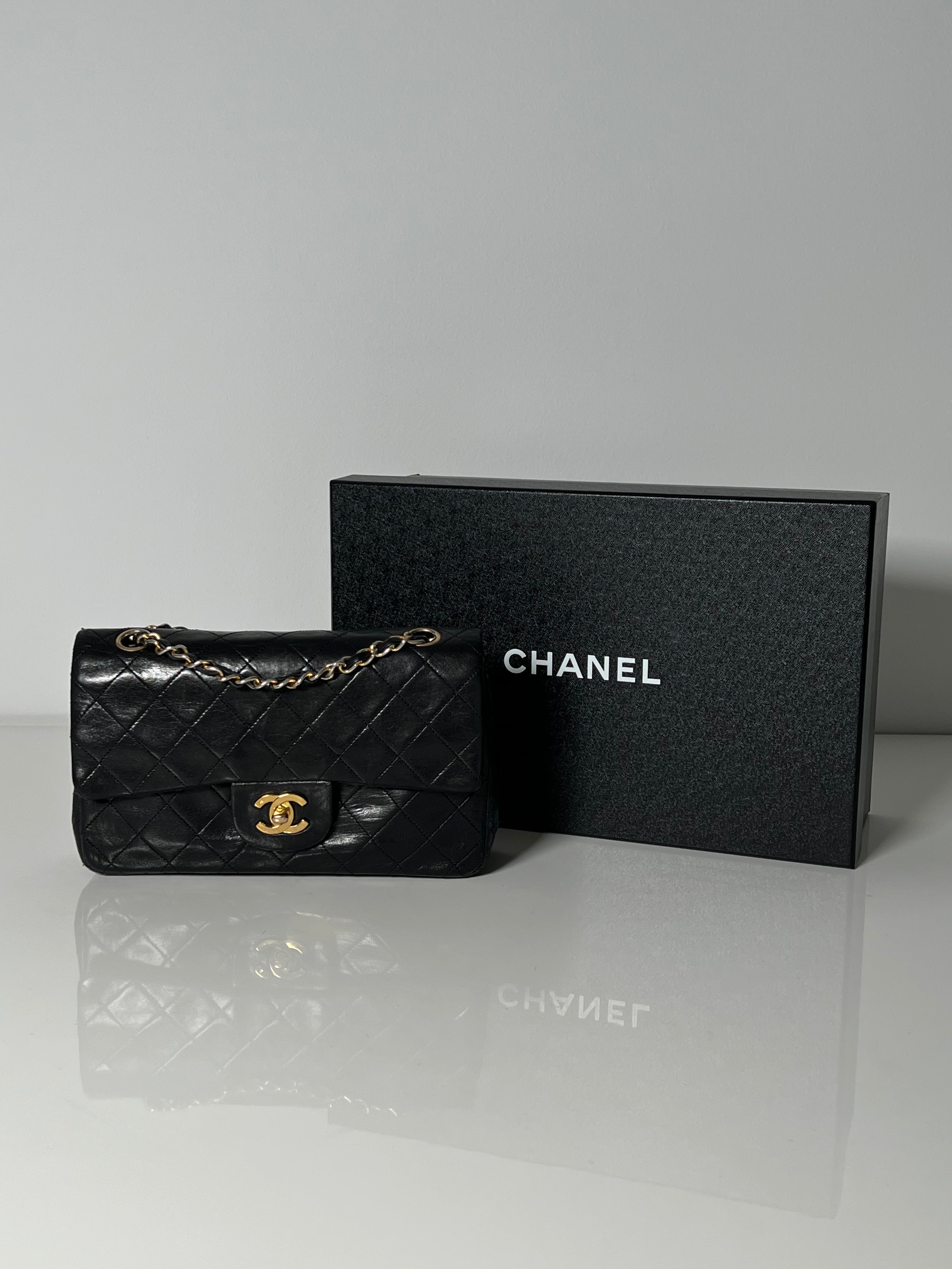 Vintage Black Lambskin Small Double Flap 24kt Gold Plated HW