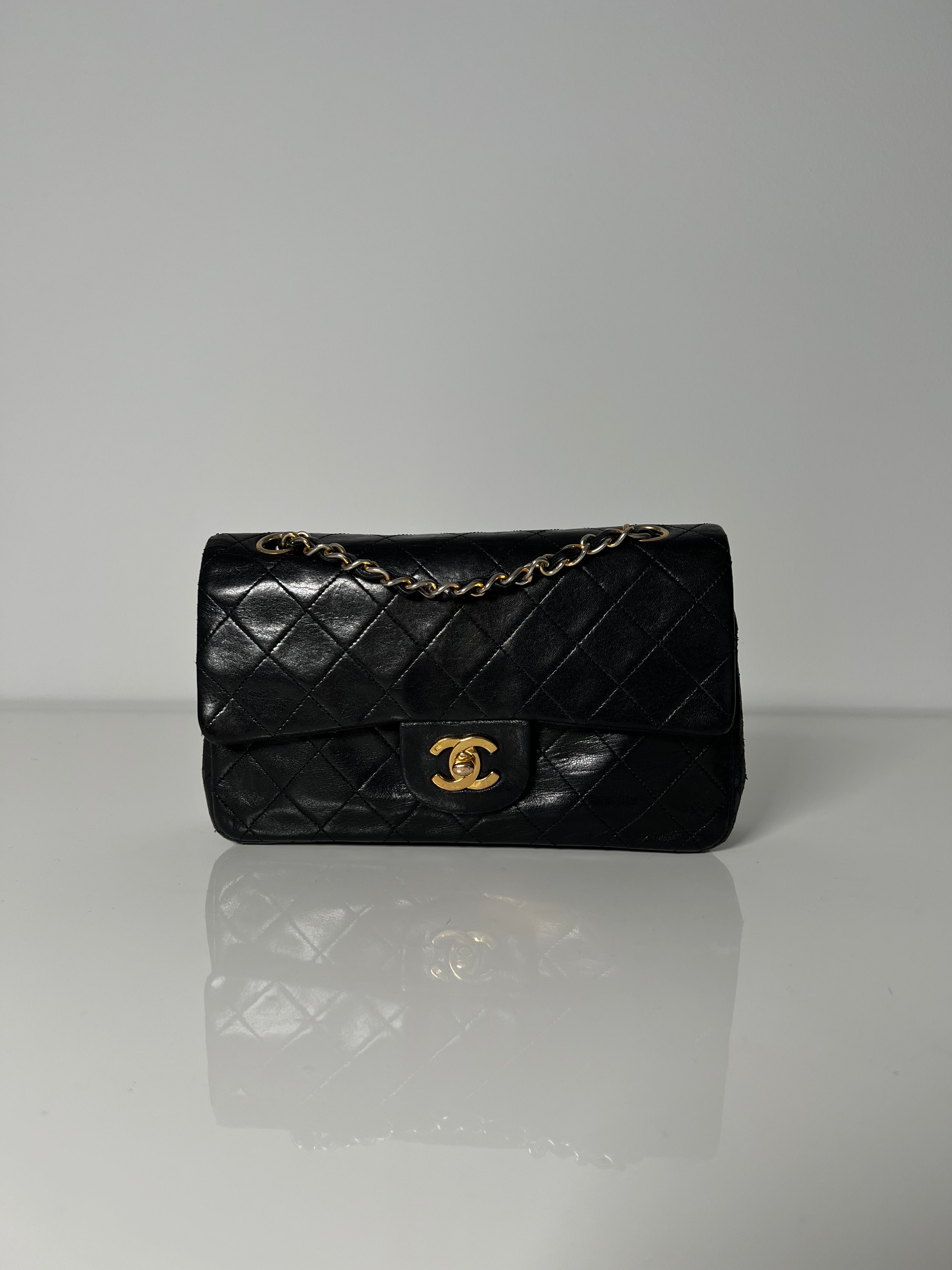 Vintage Black Lambskin Small Double Flap 24kt Gold Plated HW