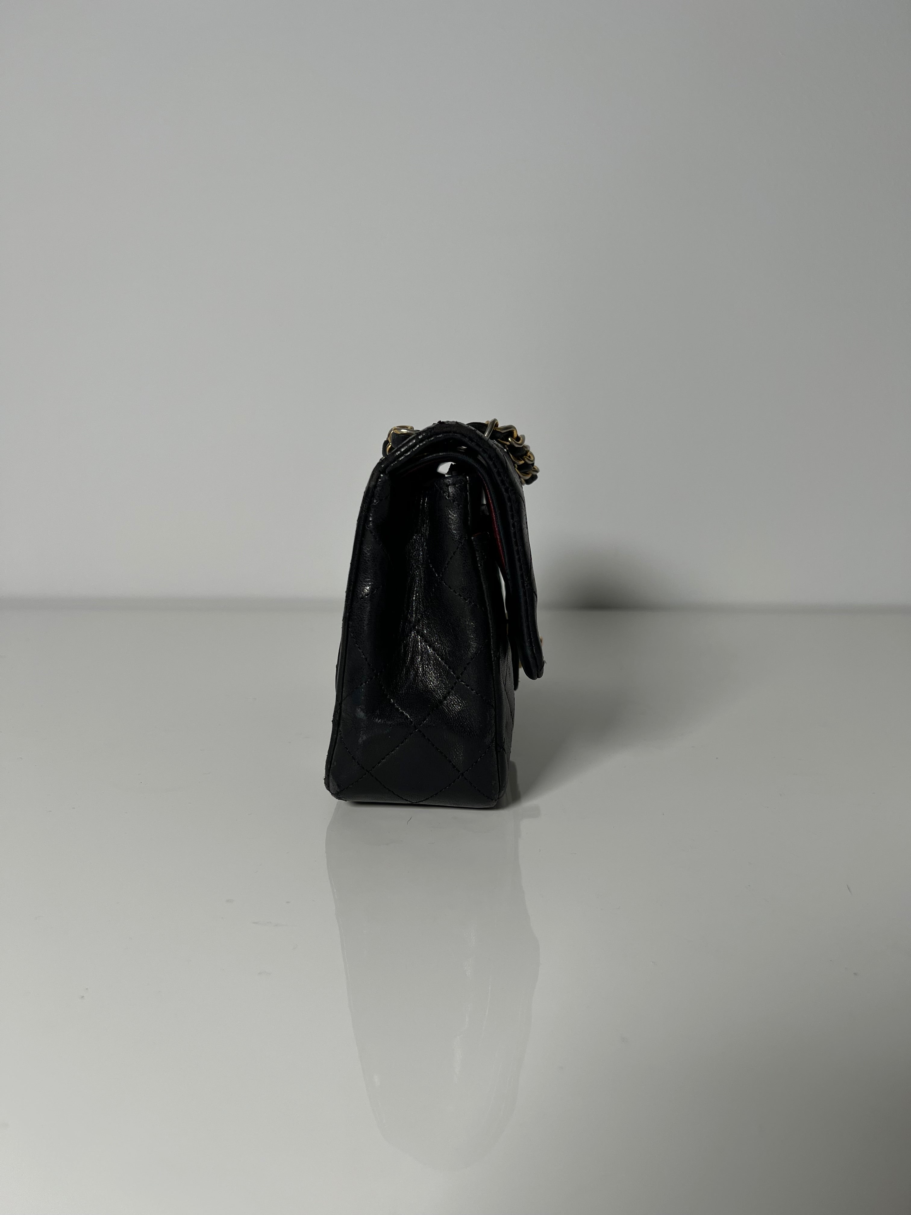 Vintage Black Lambskin Small Double Flap 24kt Gold Plated HW