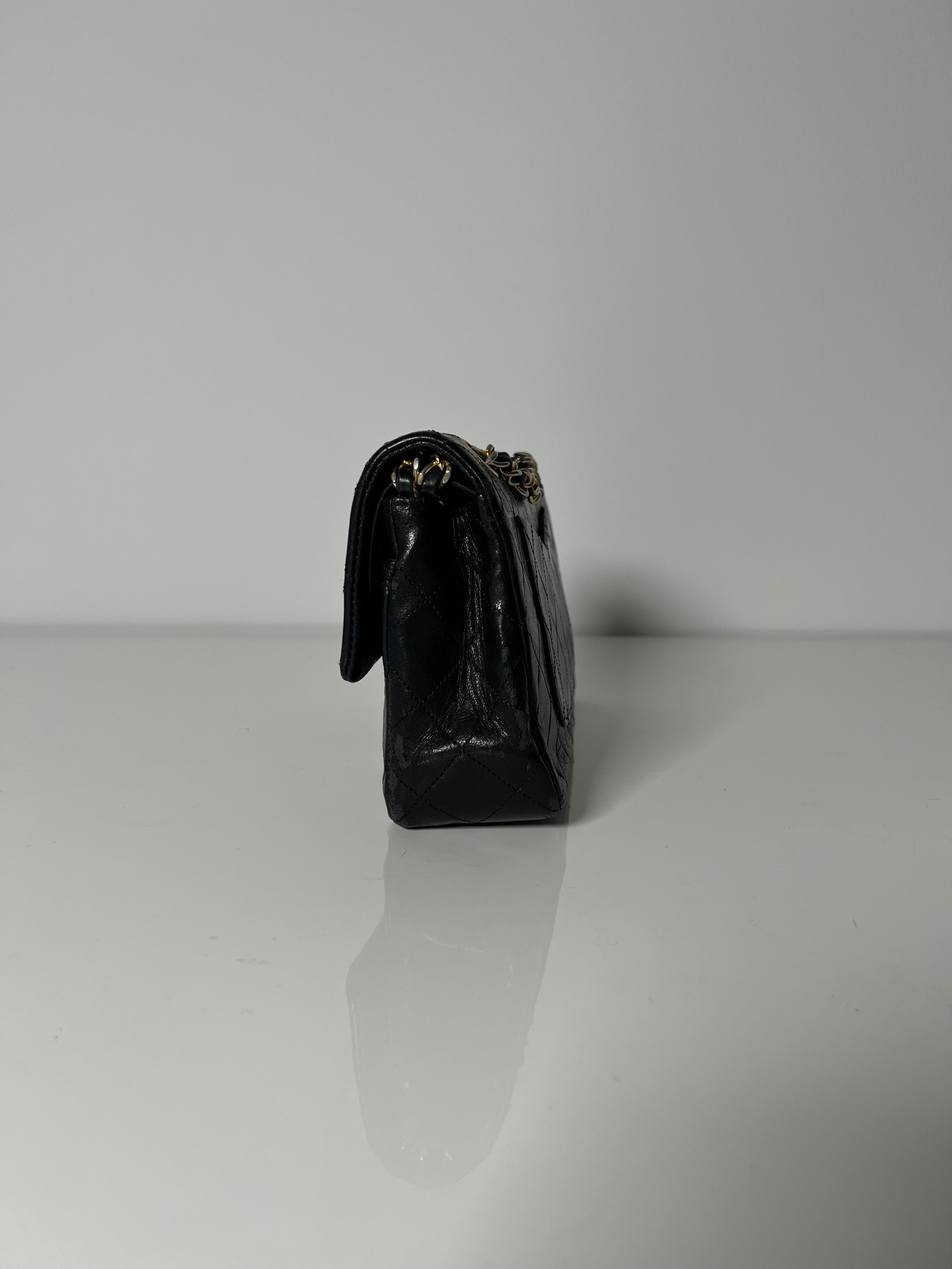 Vintage Black Lambskin Small Double Flap 24kt Gold Plated HW