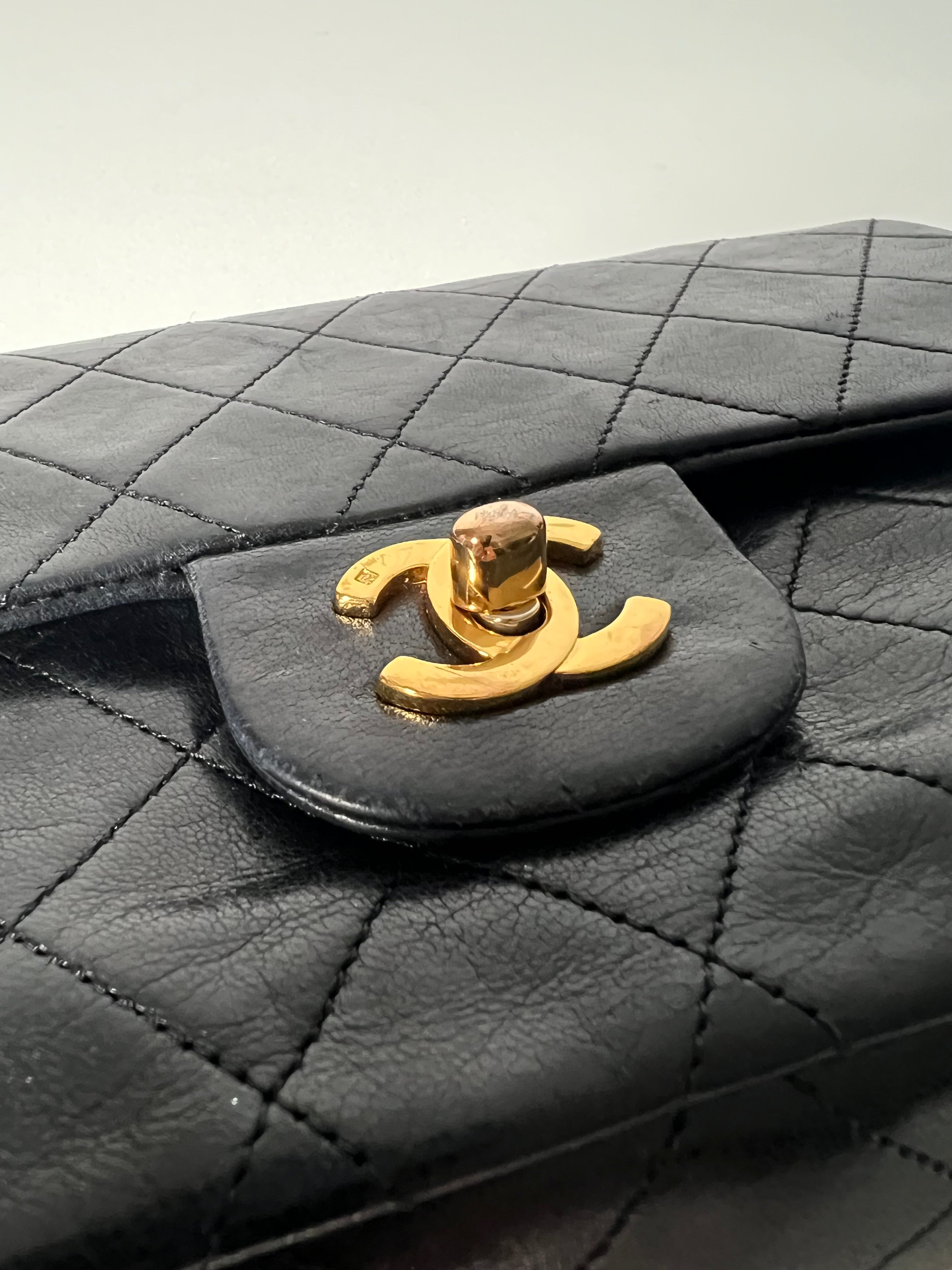 Vintage Black Lambskin Small Double Flap 24kt Gold Plated HW