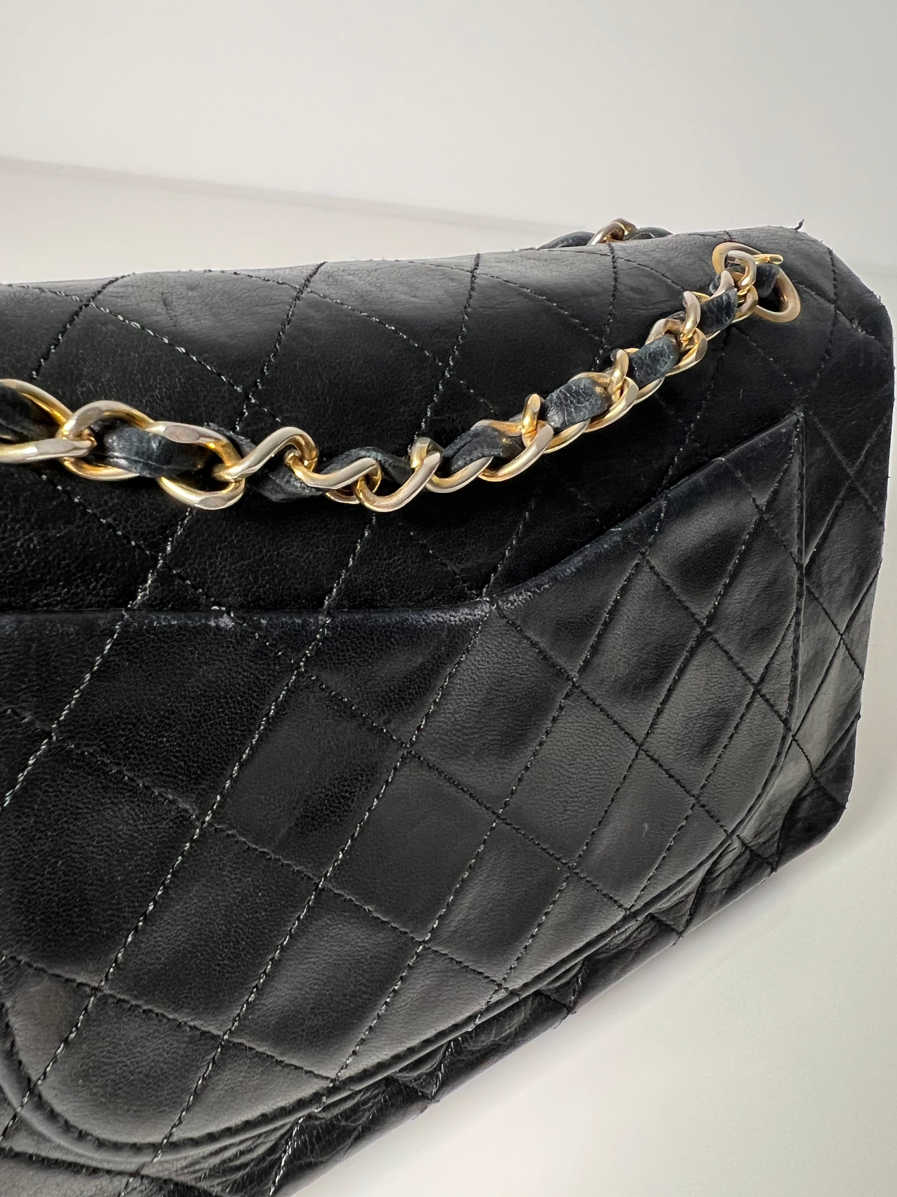 Vintage Black Lambskin Small Double Flap 24kt Gold Plated HW