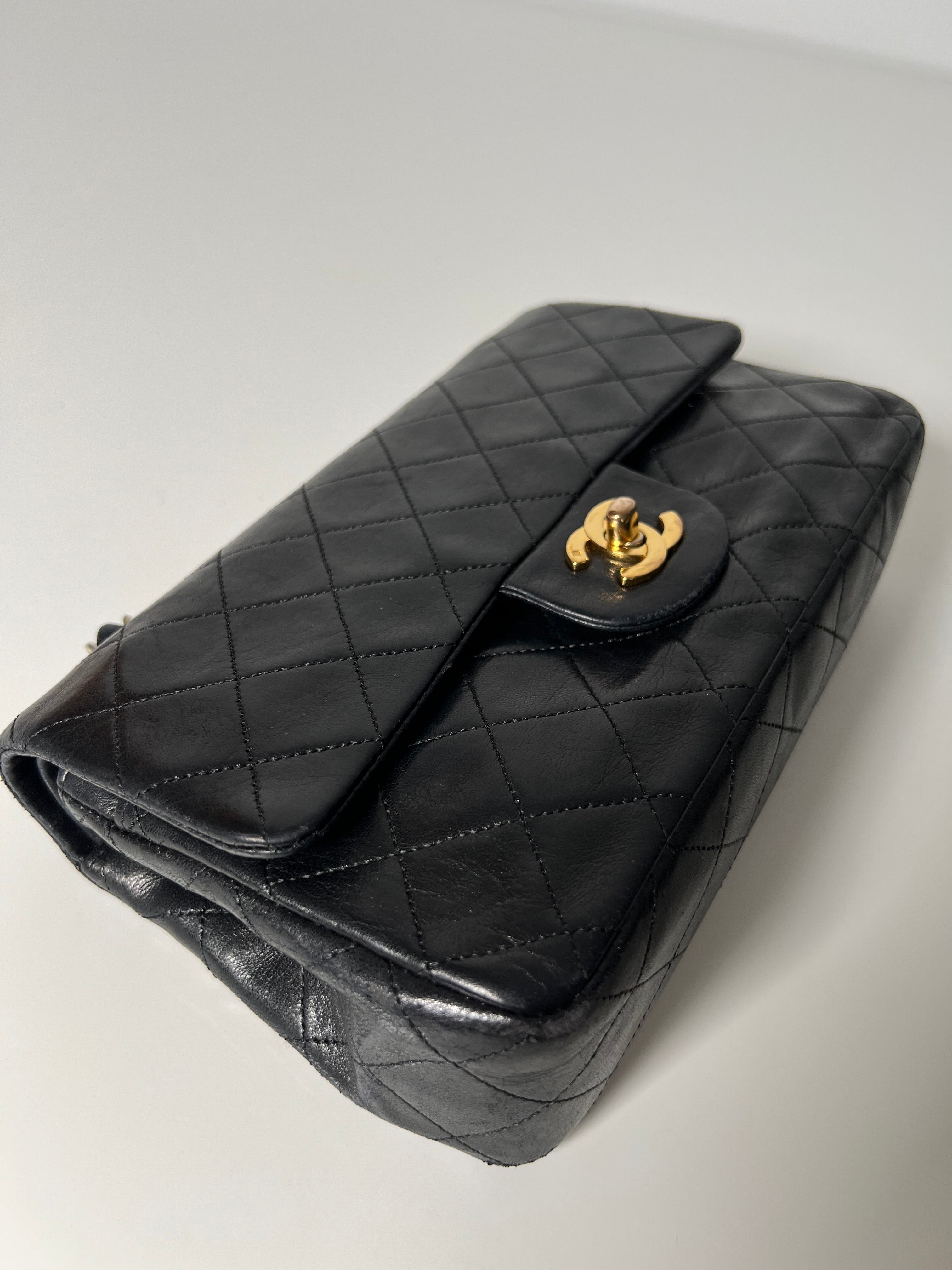 Vintage Black Lambskin Small Double Flap 24kt Gold Plated HW