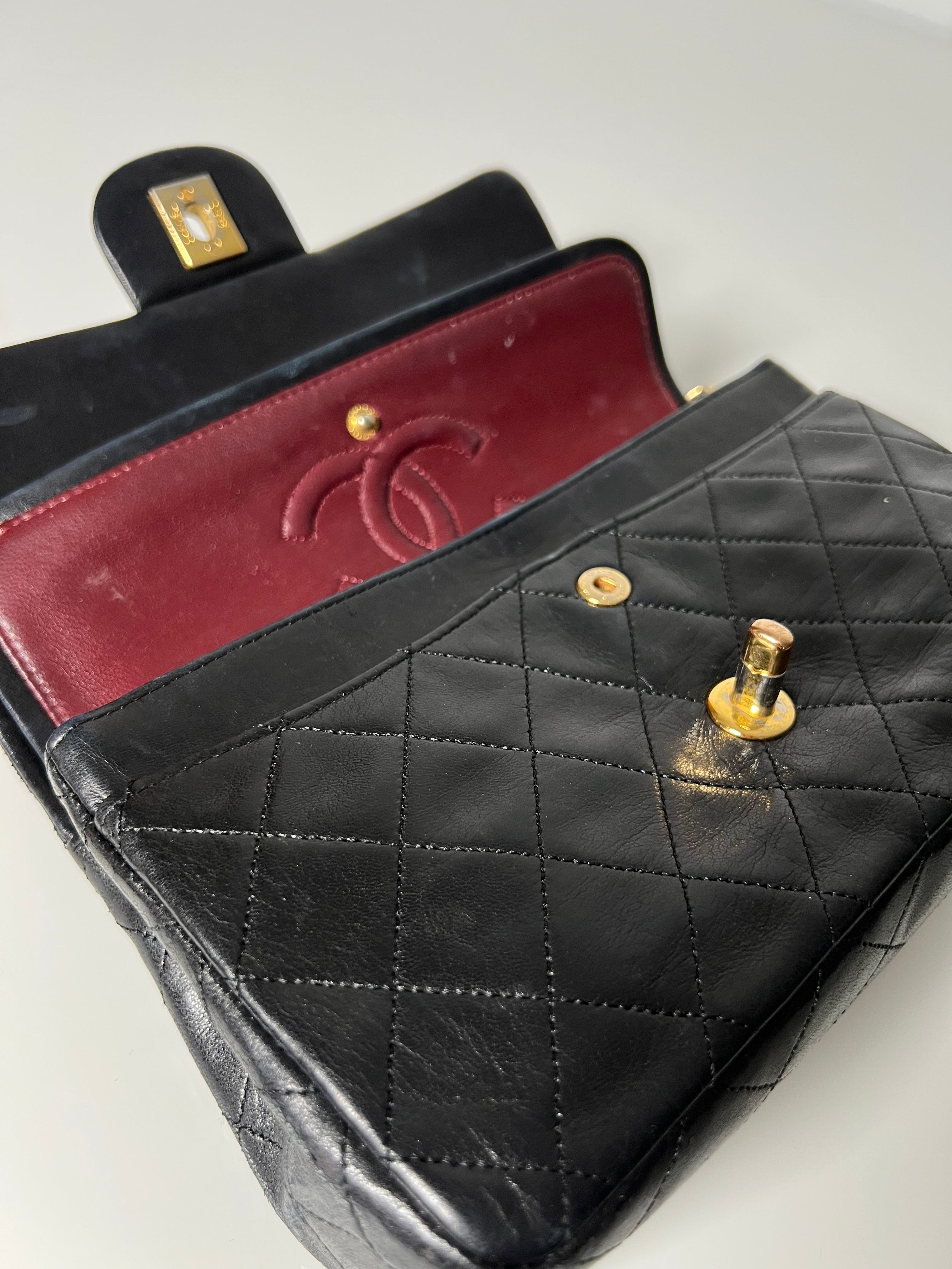 Vintage Black Lambskin Small Double Flap 24kt Gold Plated HW