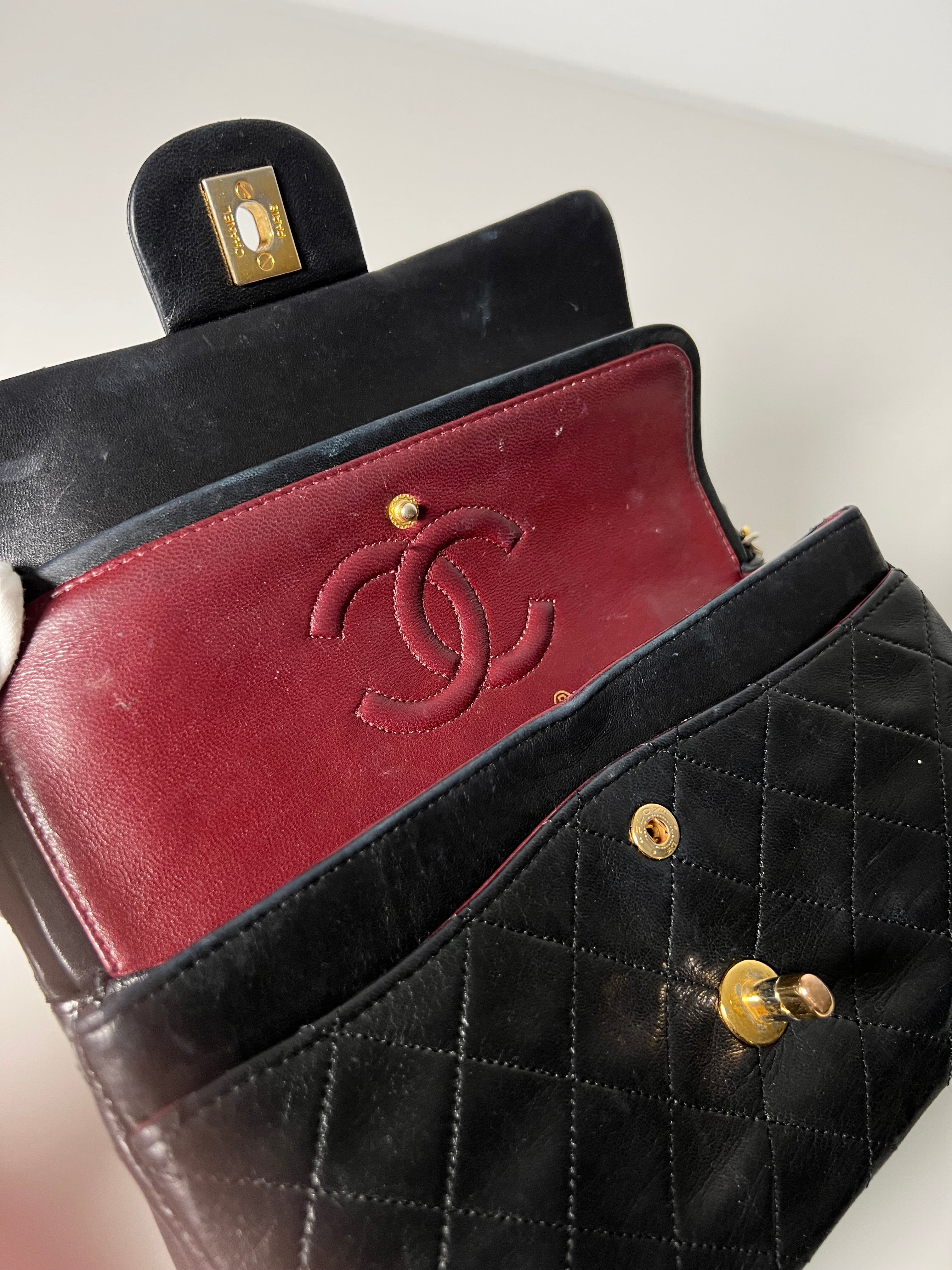 Vintage Black Lambskin Small Double Flap 24kt Gold Plated HW