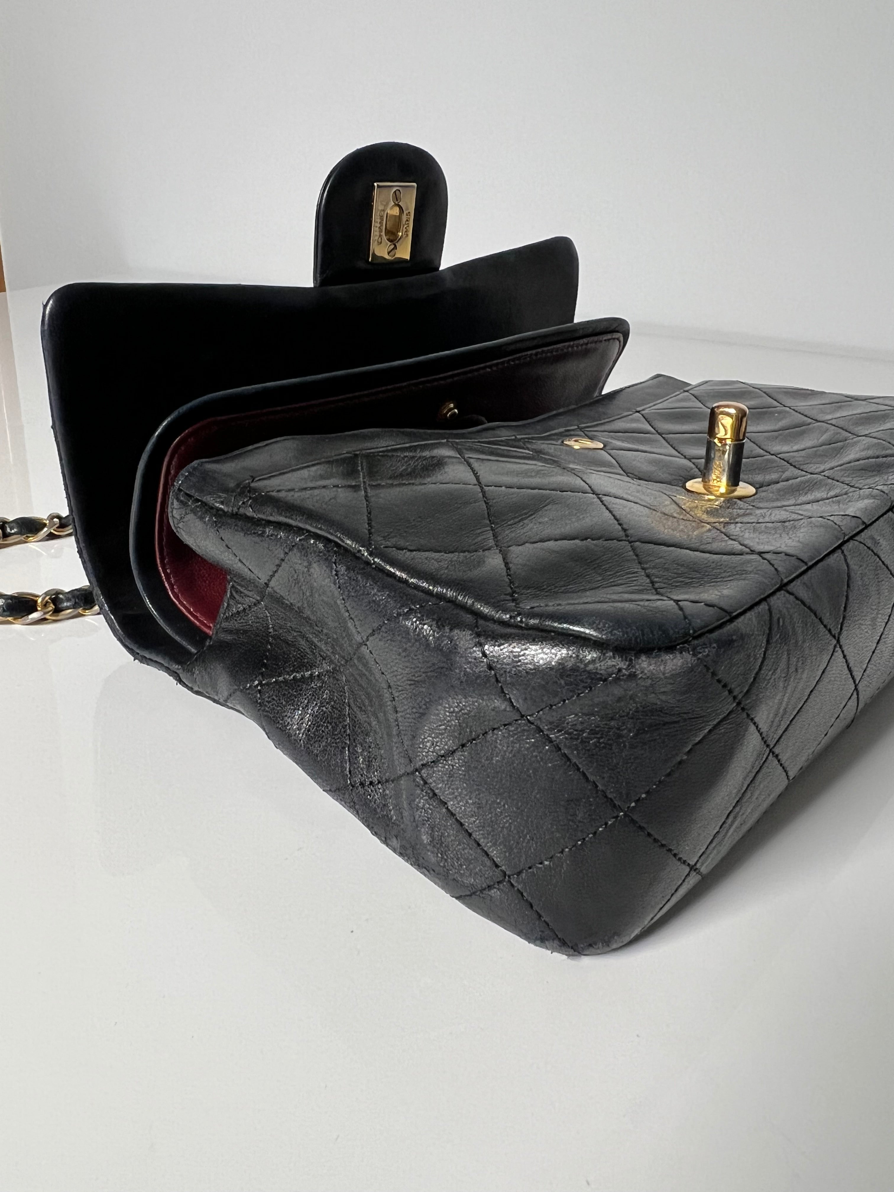 Vintage Black Lambskin Small Double Flap 24kt Gold Plated HW