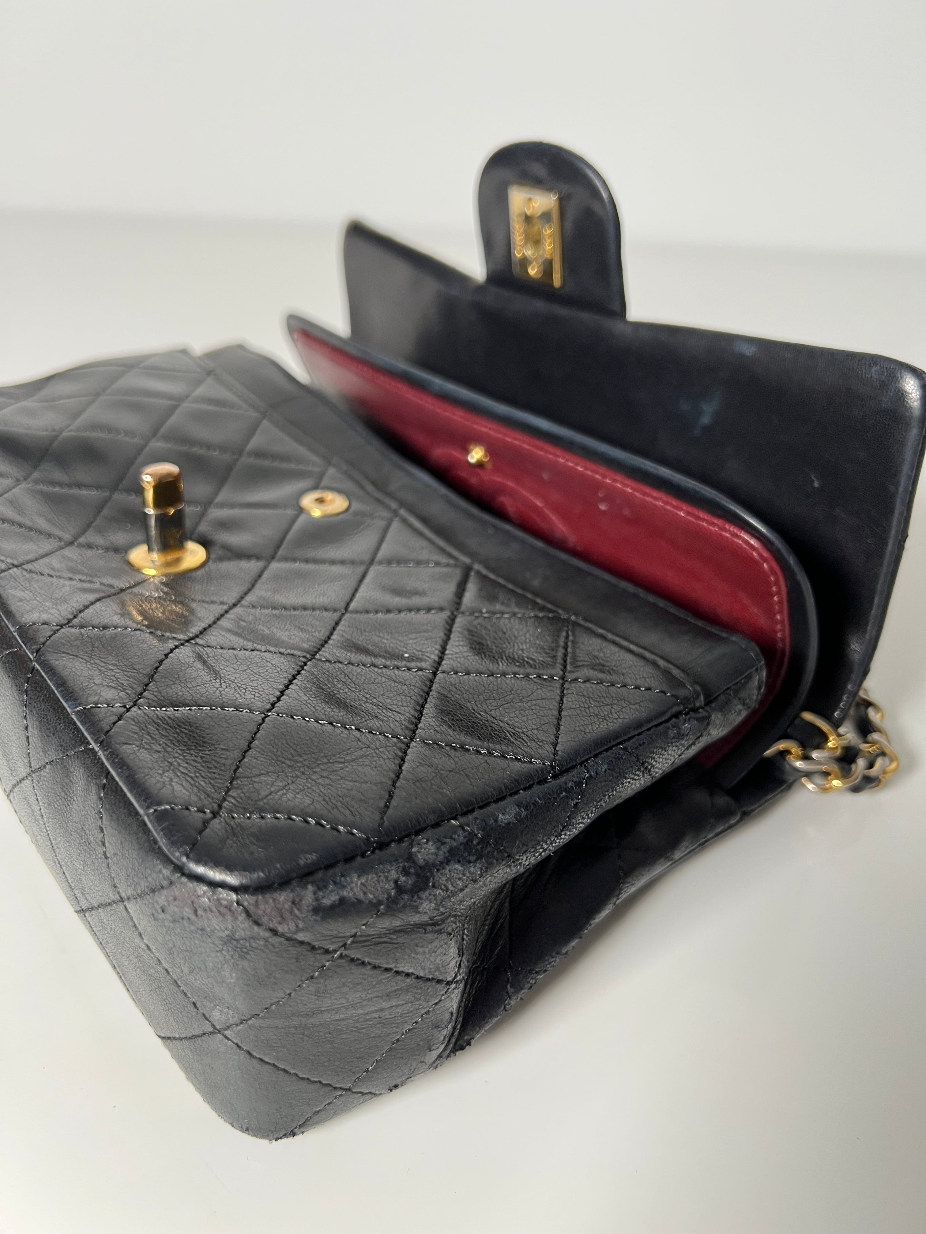 Vintage Black Lambskin Small Double Flap 24kt Gold Plated HW