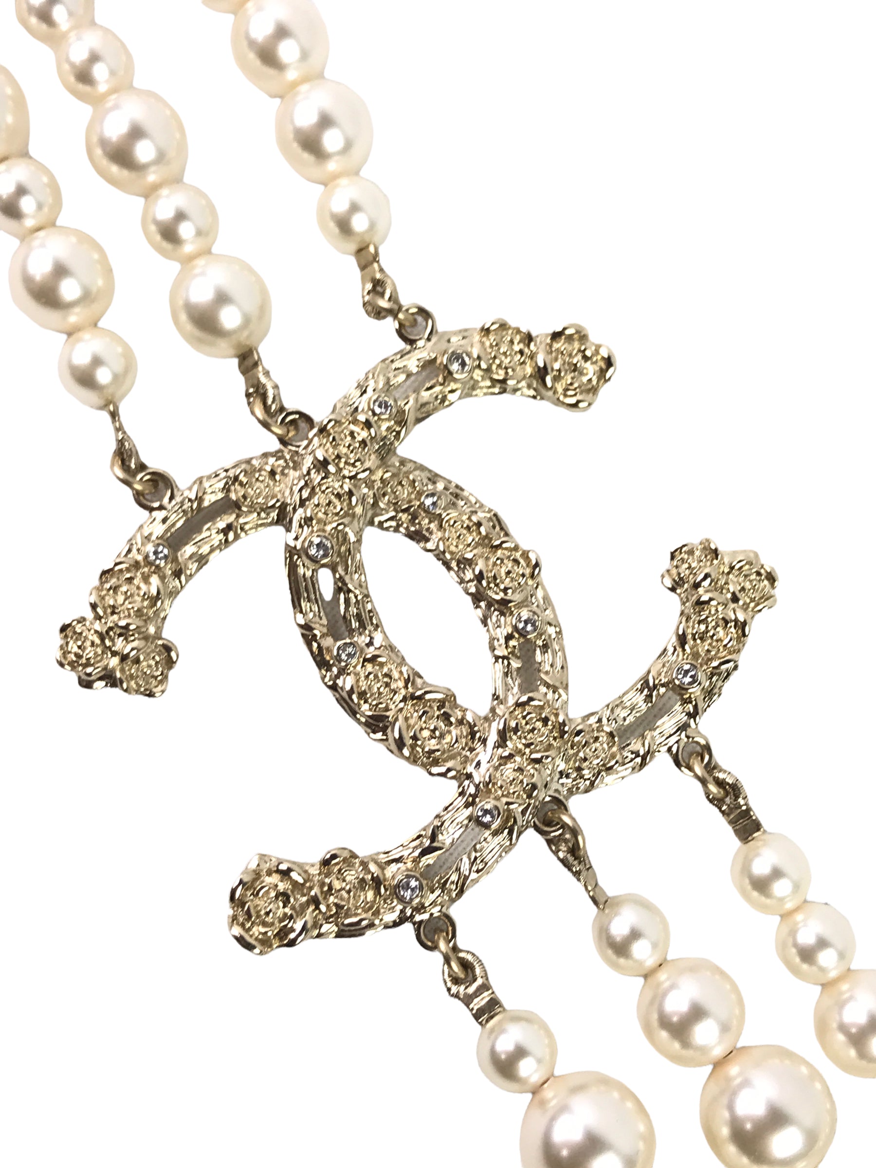 22C Gold CC 3-Strand Long Pearl Necklace