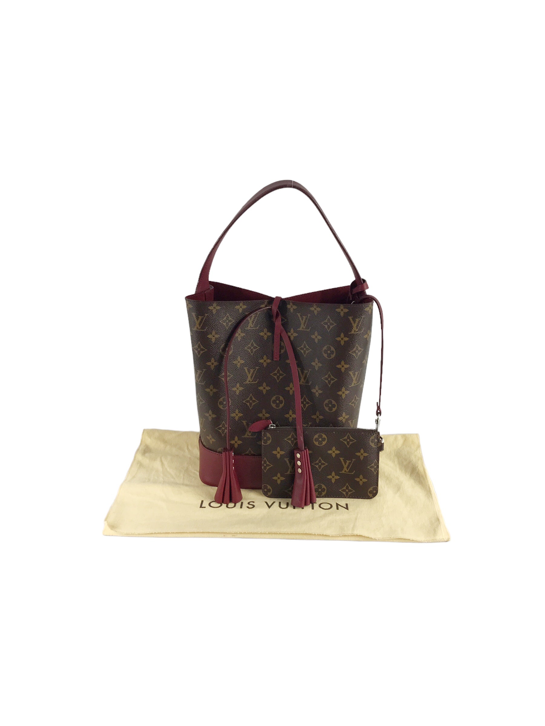 Monogram Coated Canvas/ Burgundy Leather Bucket Shoulder Bag w/ removable pouch w/RHW