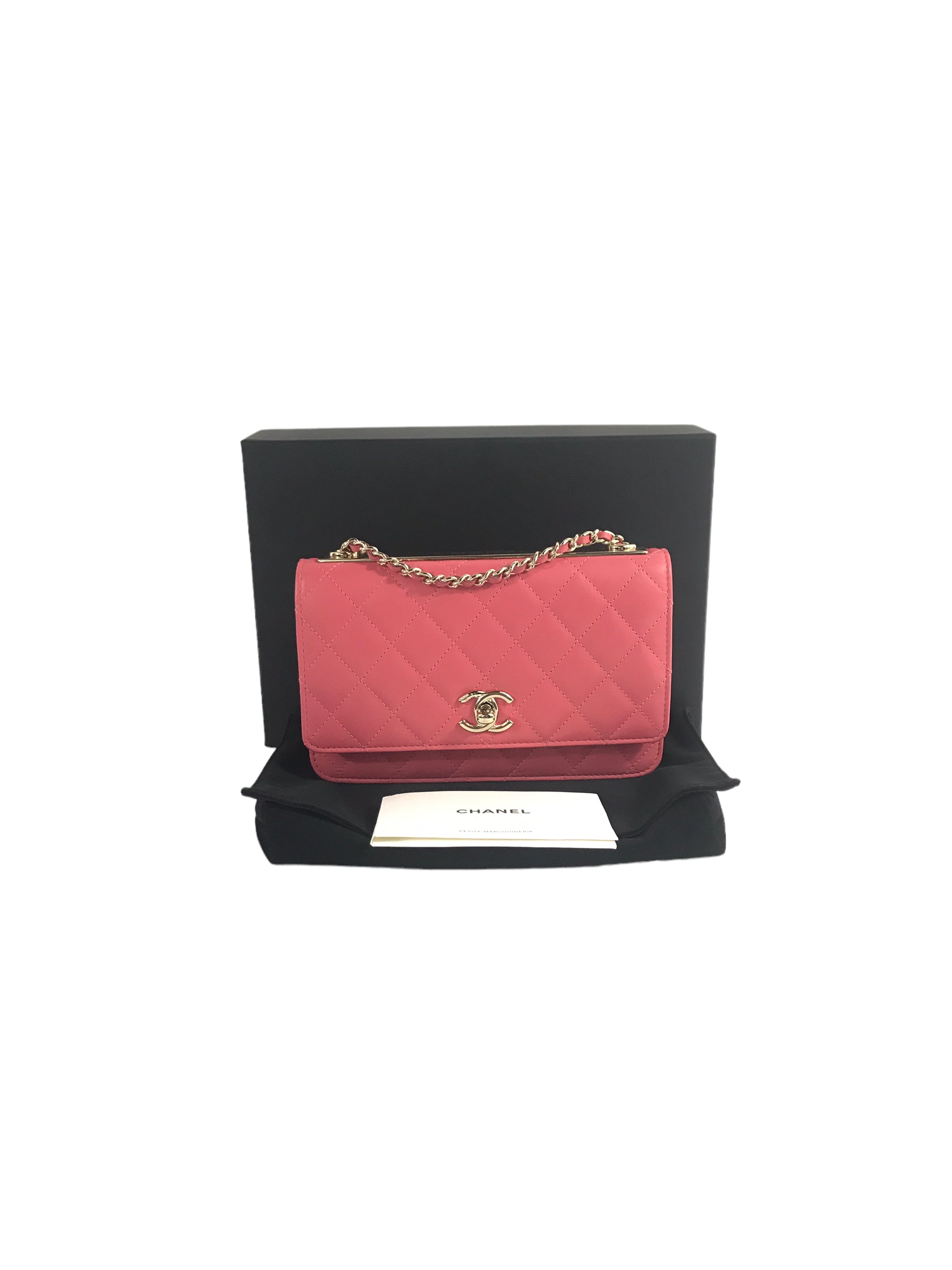 Bubblegum Pink Quilted Lambskin Leather Trendy Wallet On Chain W/GHW