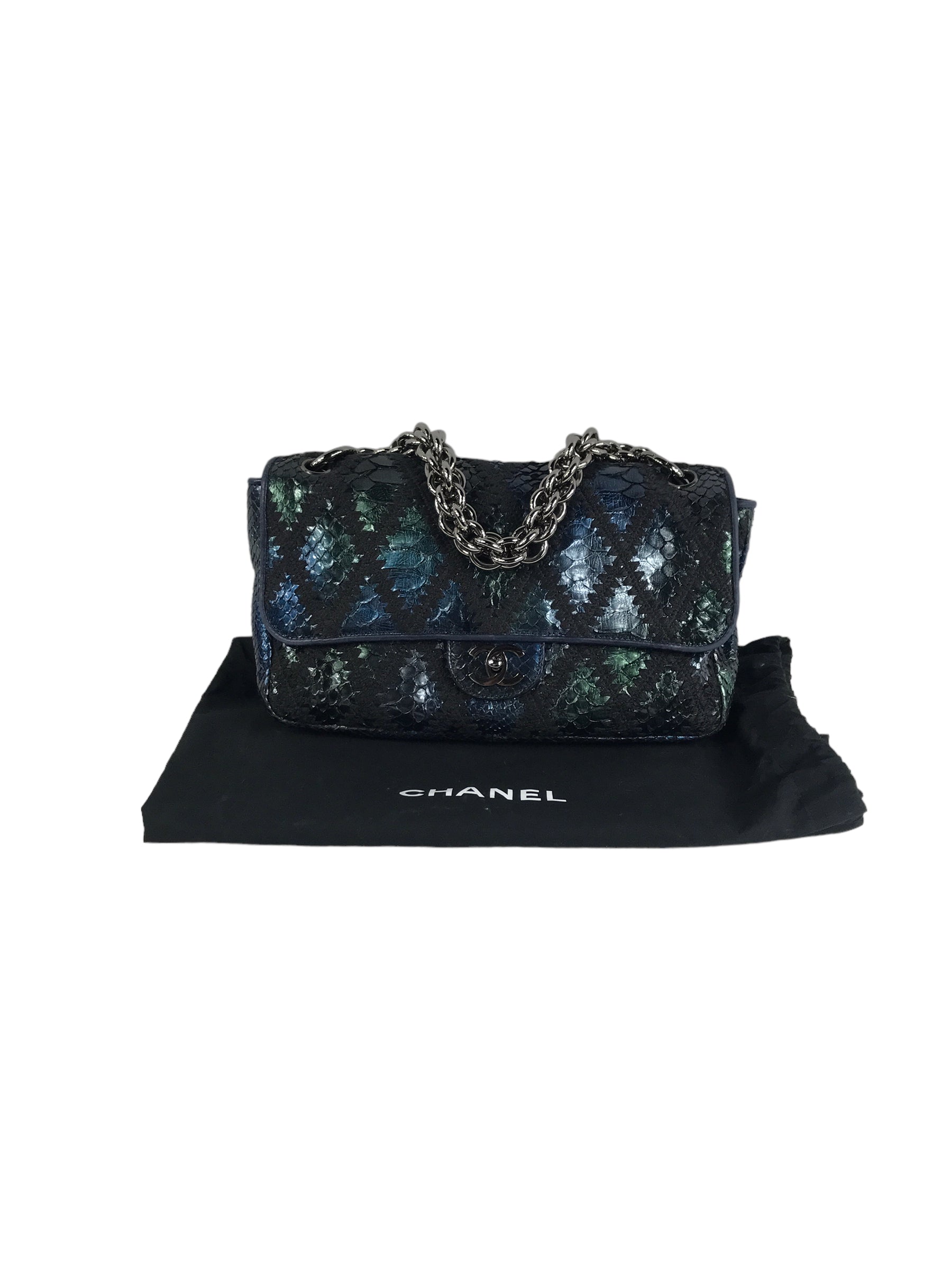 Blue Iridescent Python Quilted Maxi Flap Bag w/SHW Thick Chain Links