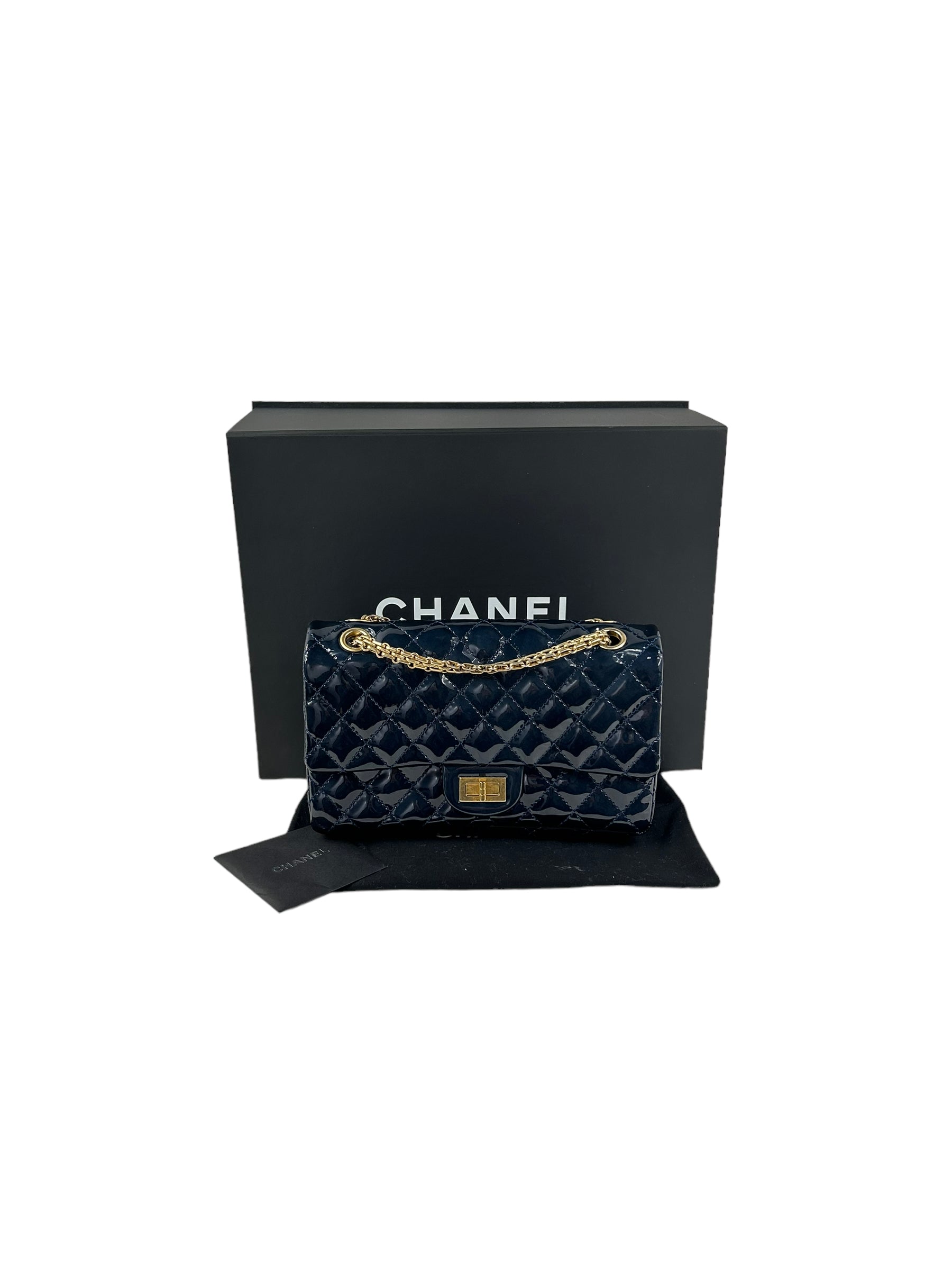 Chanel Dark Navy Blue Patent Quilted Reissue Flap W/AGHW