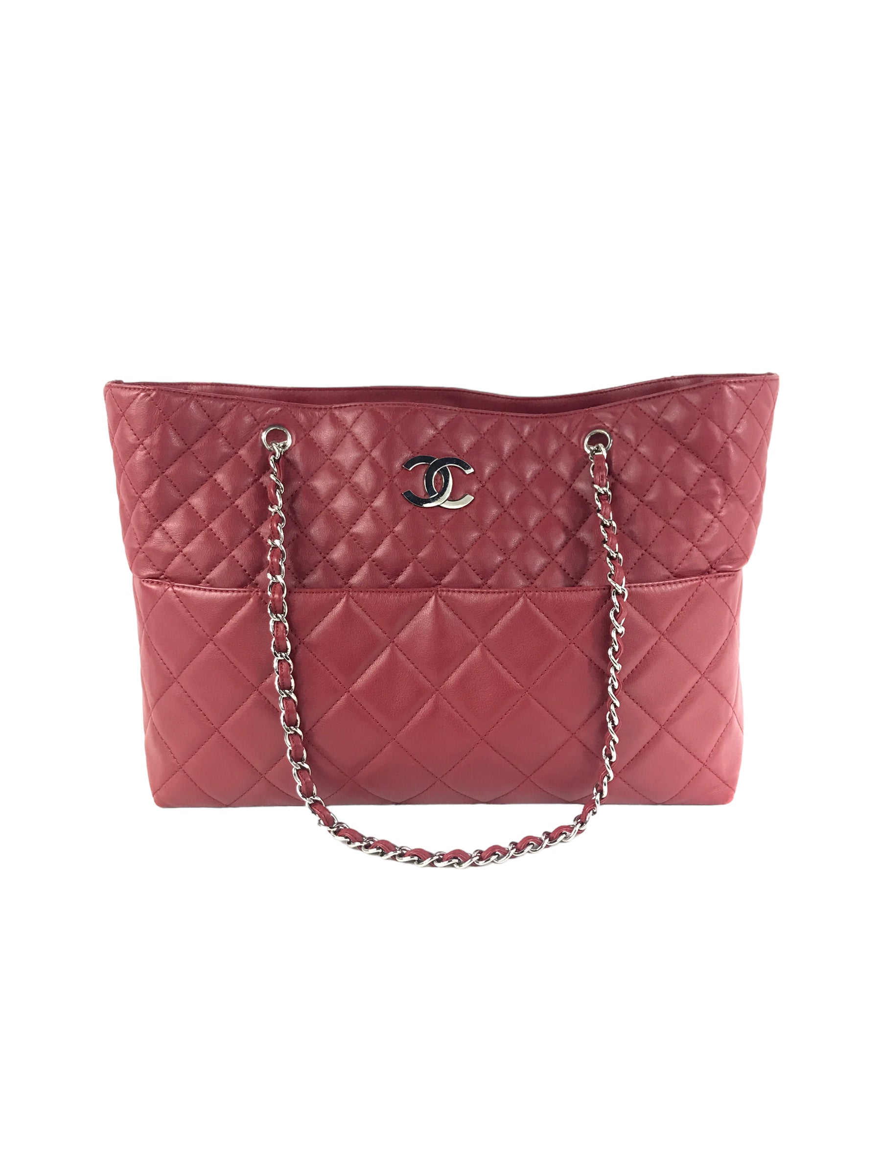 Red Calfskin Quilted Shopping Tote W/SHW