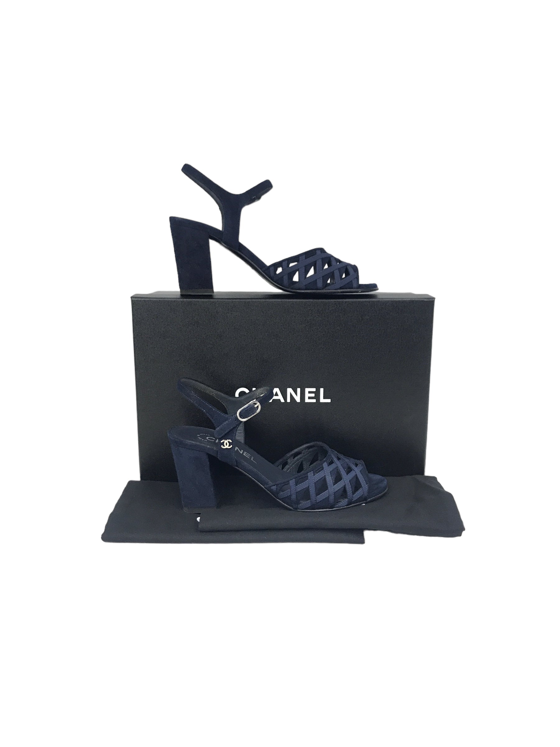 Navy Blue Suede Strappy Heeled Sandals W/SHW