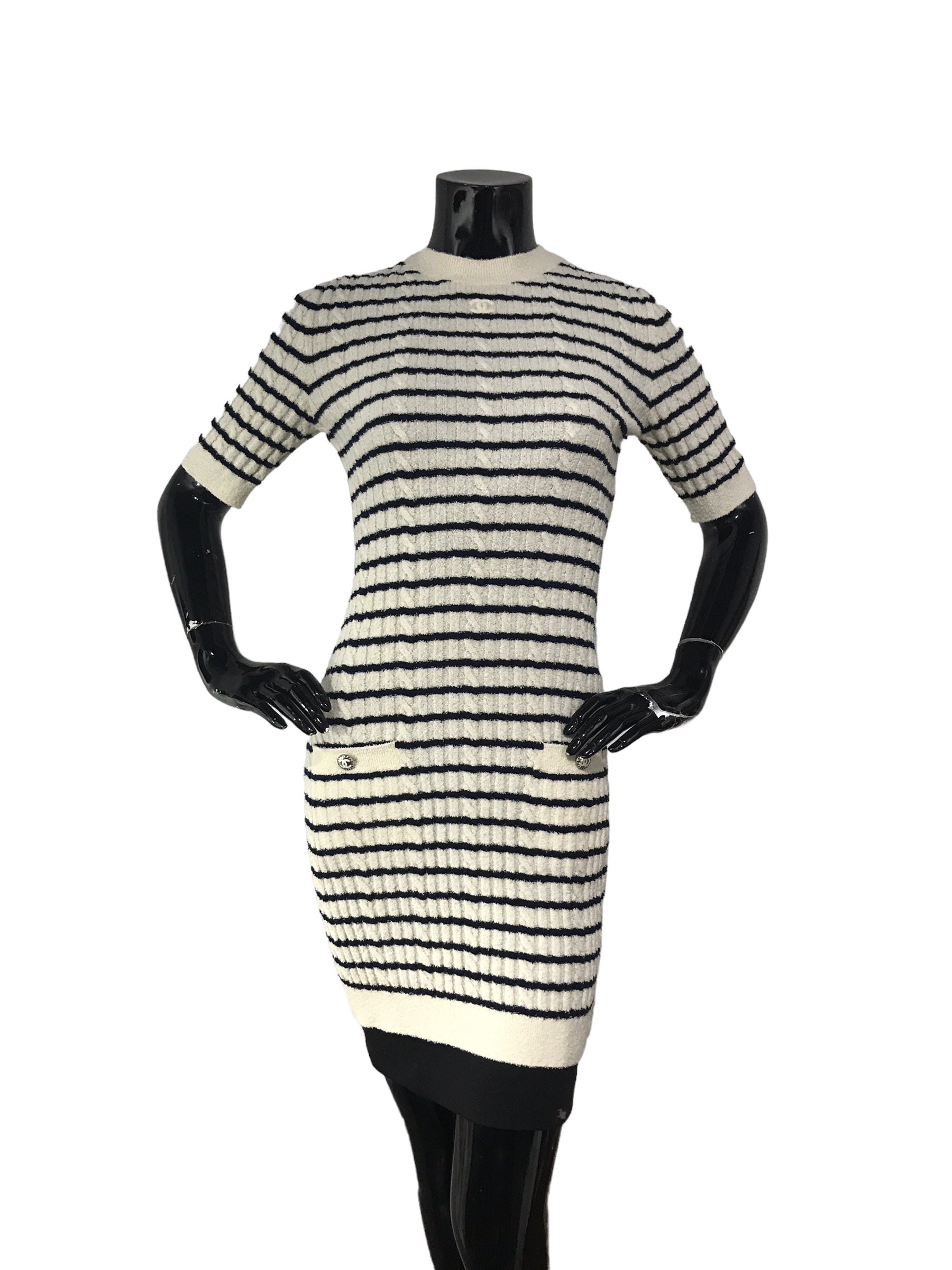 Ecru and Navy Blue Wool/Acrylic Cutout Dress w/SHW