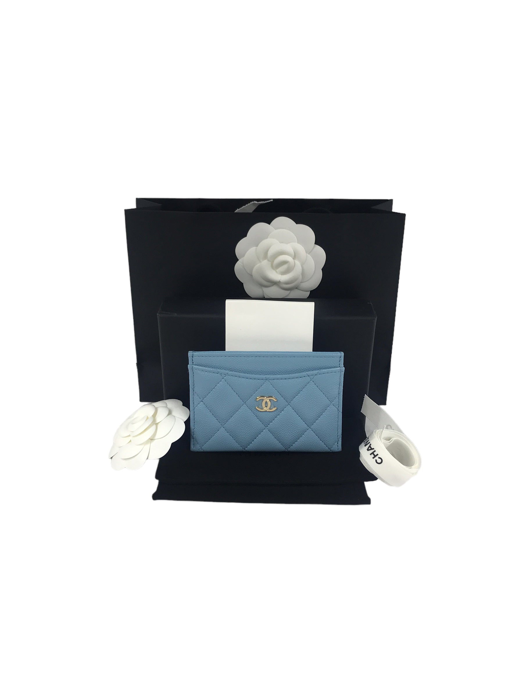 Baby Blue Caviar Quilted Card Case w/GHW