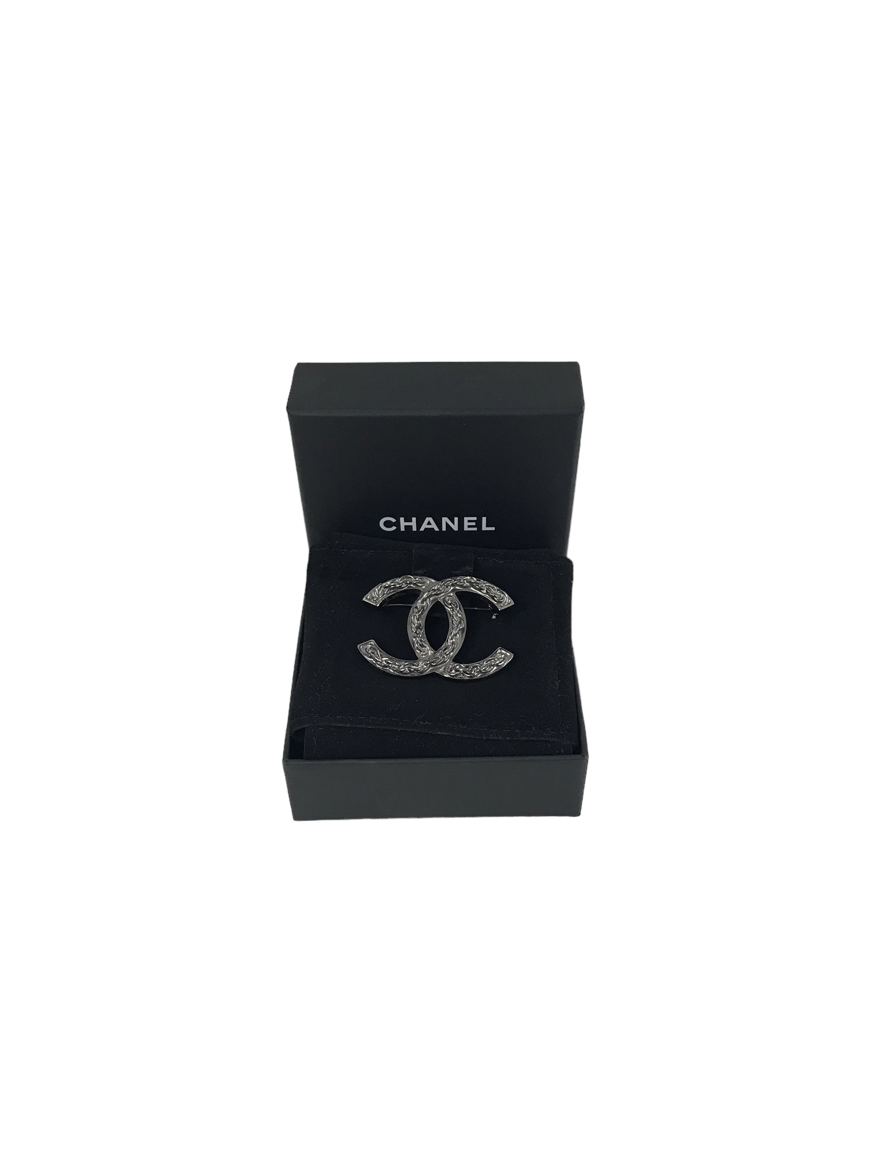 CC Rhodium Brooch with Chain Detail