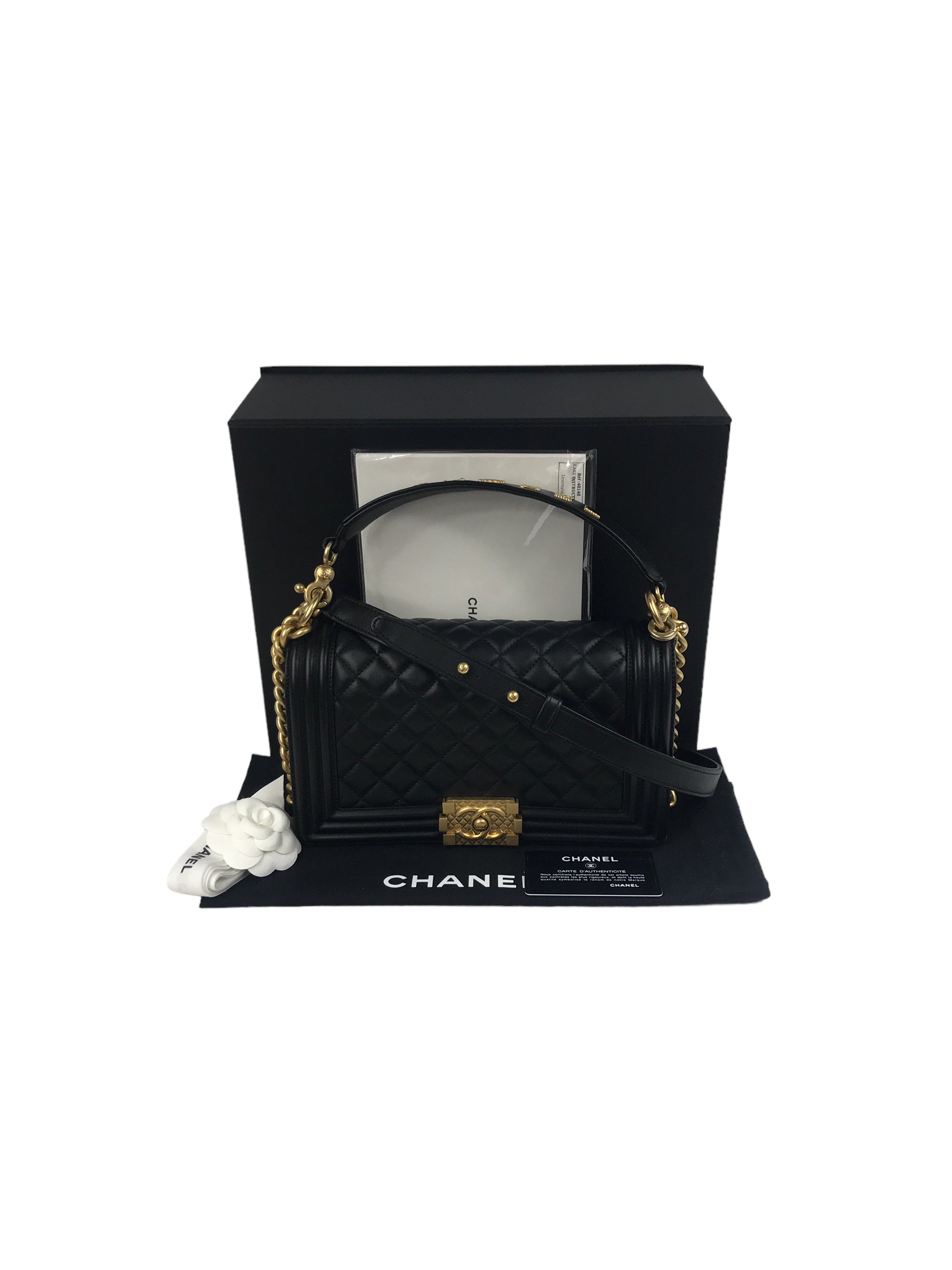 Black Quilted Lambskin New Medium Boy Bag w/ Removable Logo Chanel Top Handle W/AGHW
