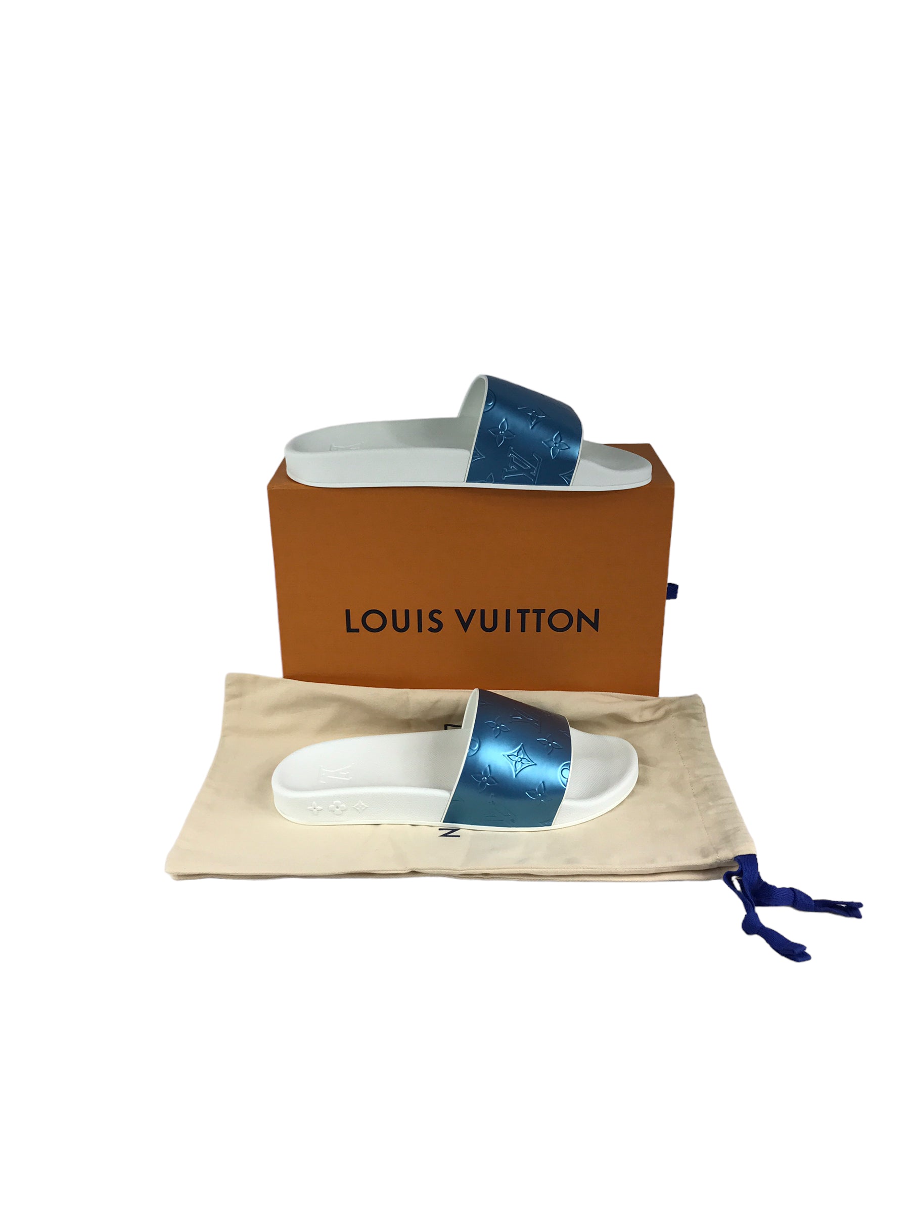 Louis Vuitton White and Blue Metallic Waterfront Mule Slides