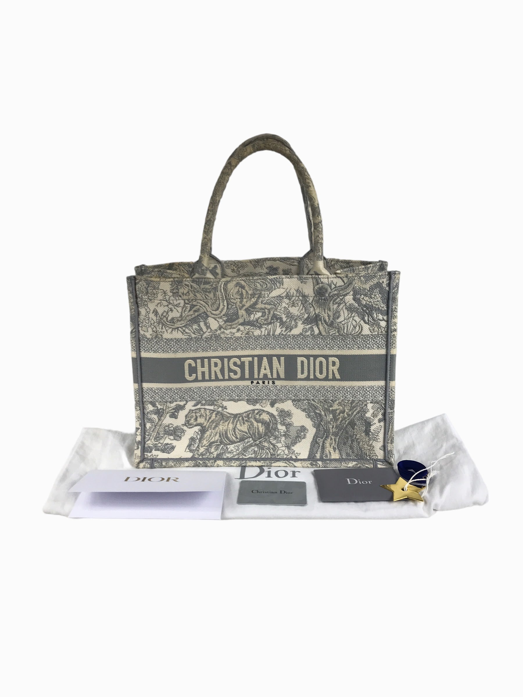 Ecru & Grey Toile De Jouy Embroidered Book Tote