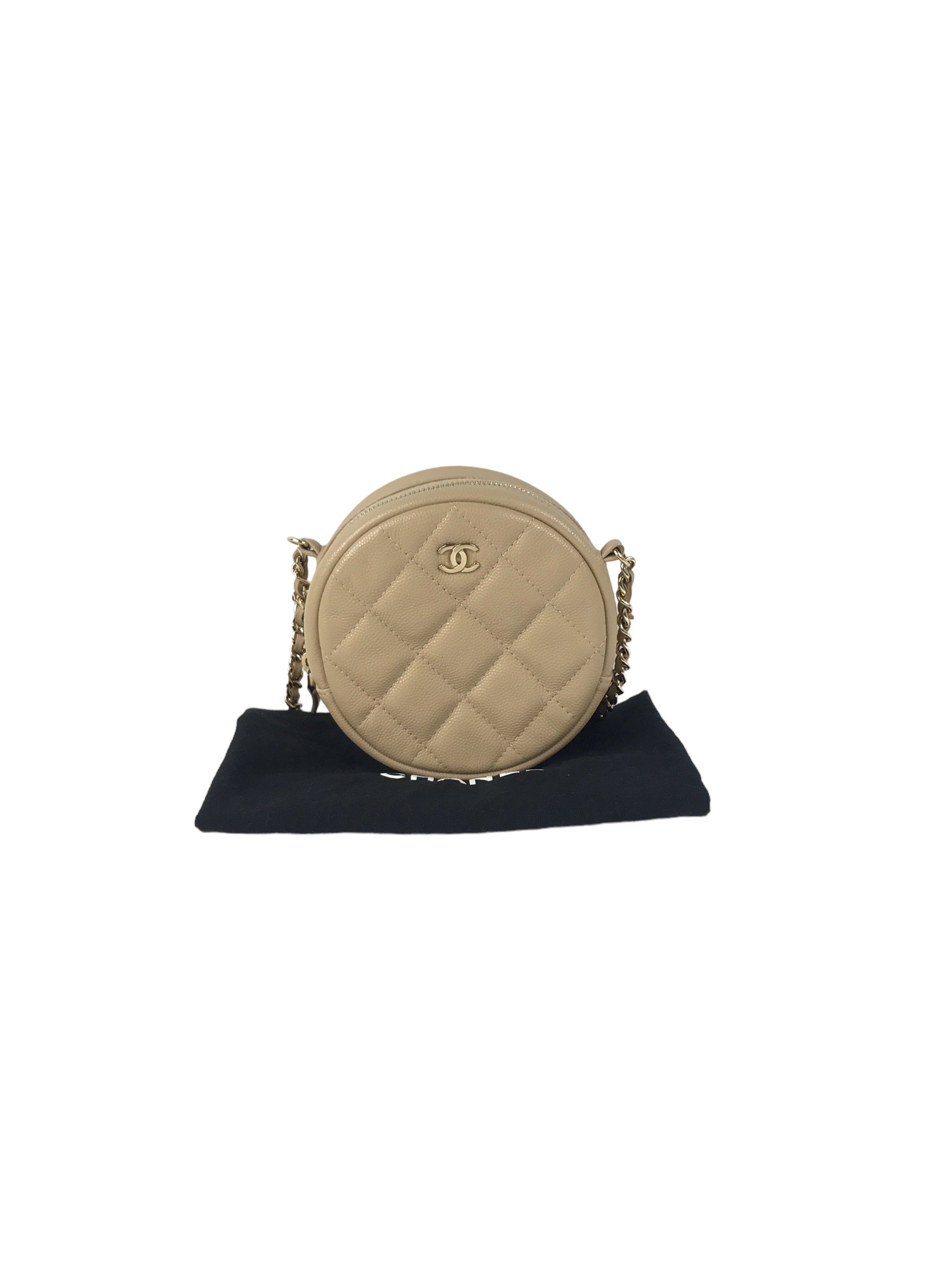 Beige Quilted Caviar Round Crossbody w/GHW