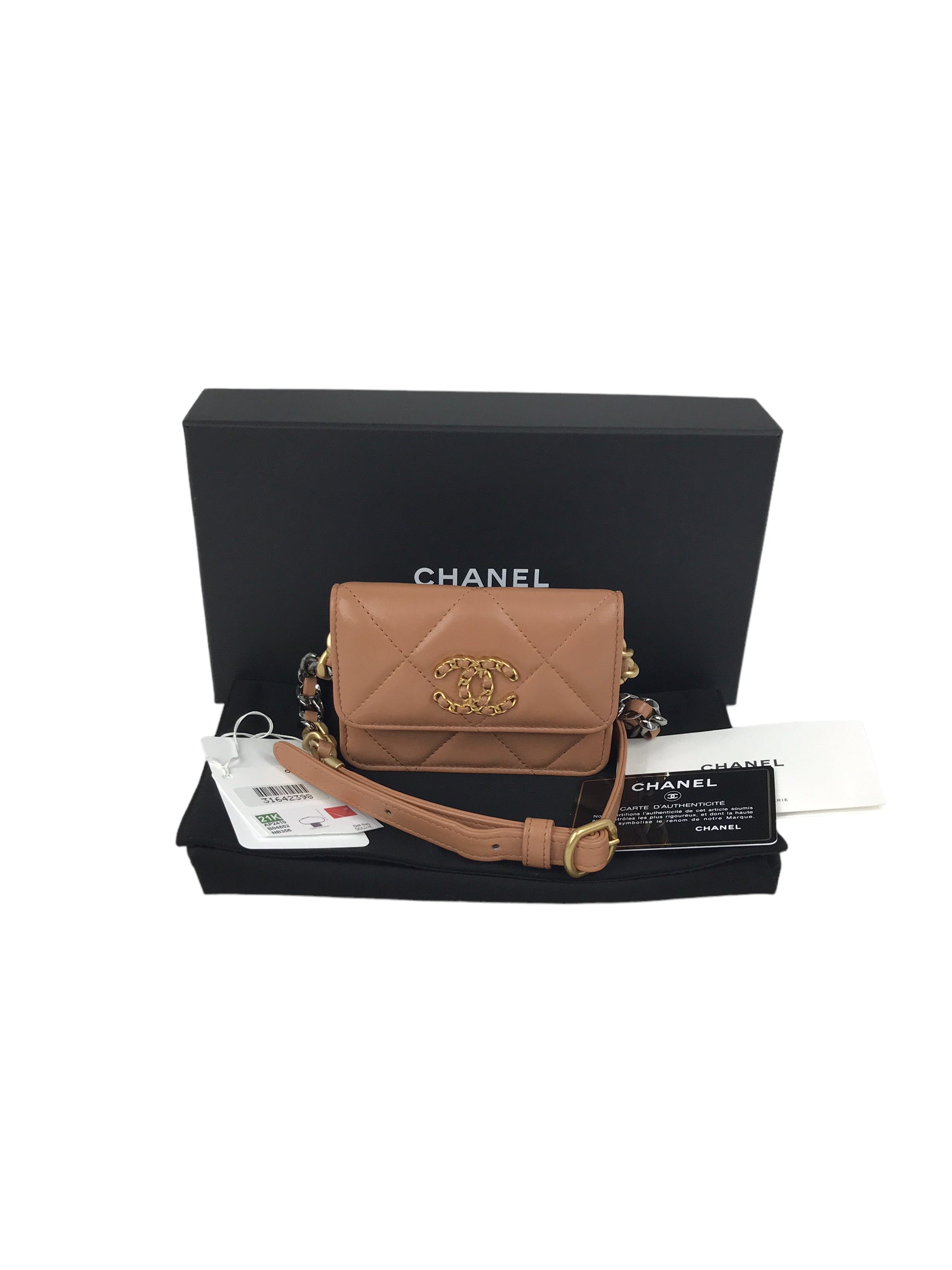 Camel Quilted Mini Lambskin 19 Waist Belt Bag w/GHW/SHW/AGW/RHW